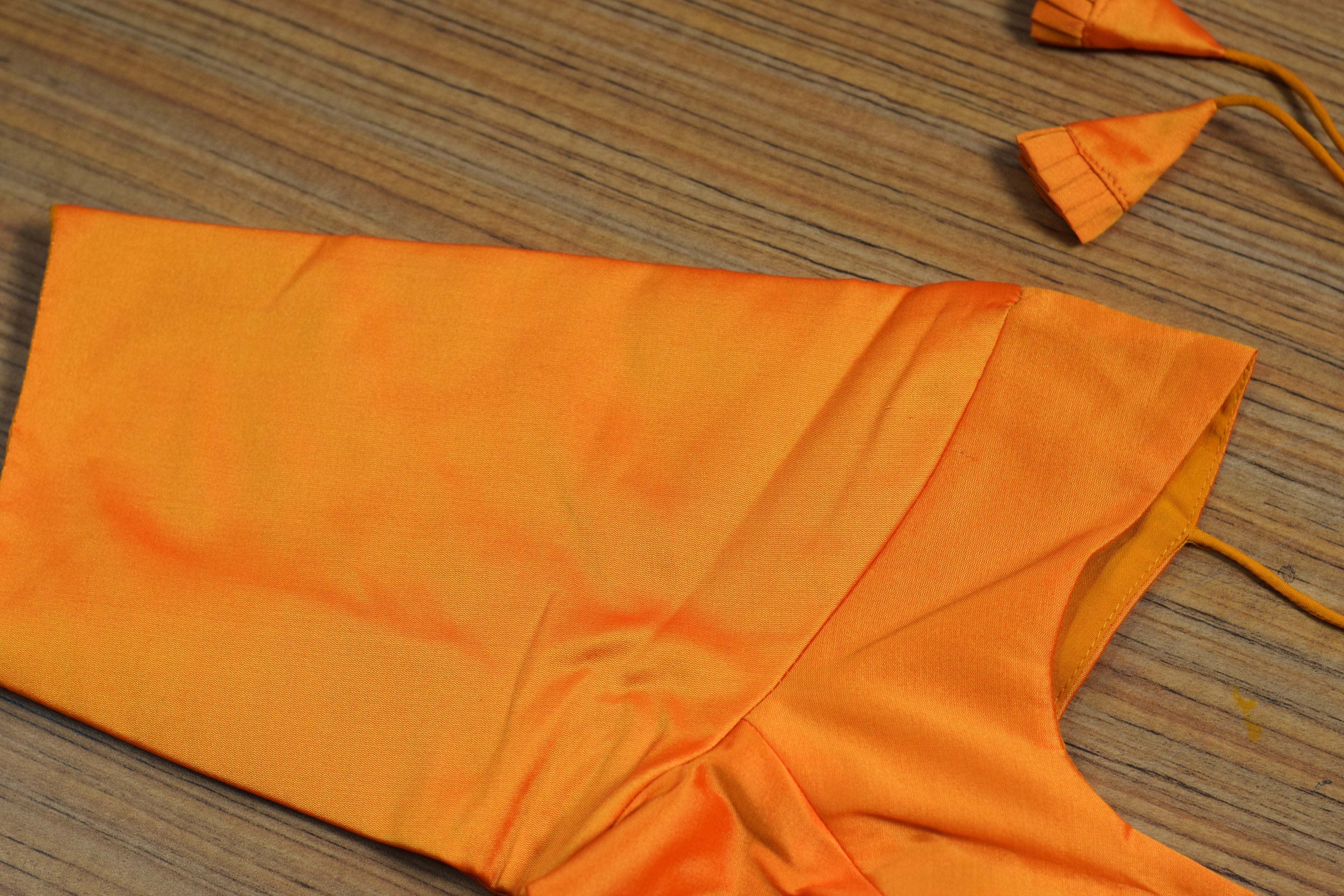 Orange Chanderi Silk Front Open Saree Blouse | Readymade Padded Blouse for Saree & Midi | Half Sleeve