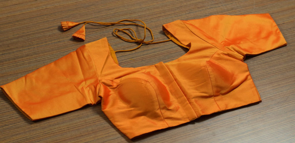 Orange Chanderi Silk Front Open Saree Blouse | Readymade Padded Blouse for Saree & Midi | Half Sleeve