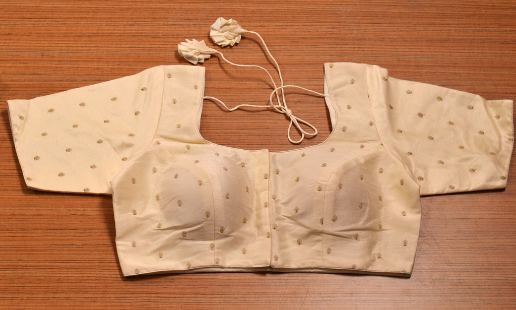 Women's Cream Chanderi Silk Front Open Saree Blouse | Readymade Padded Blouse for Saree & Midi