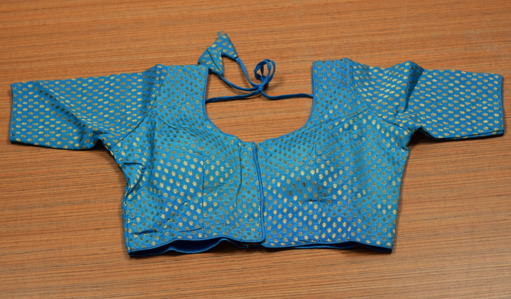 Blue Chanderi Silk Readymade Saree Blouse | Front Open | Gold Butta Design | Padded Blouse for Saree & Midi