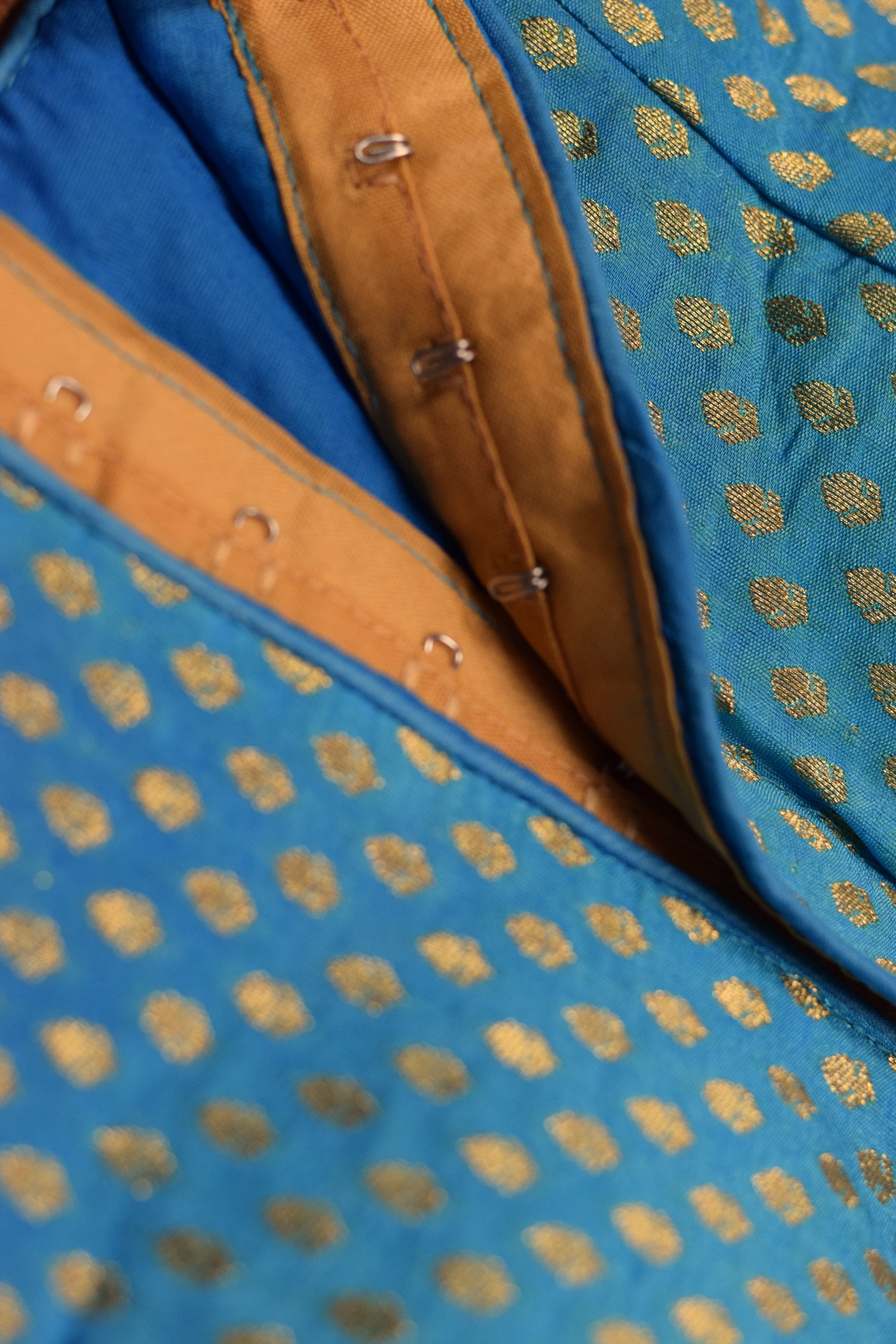 Blue Chanderi Silk Readymade Saree Blouse | Front Open | Gold Butta Design | Padded Blouse for Saree & Midi