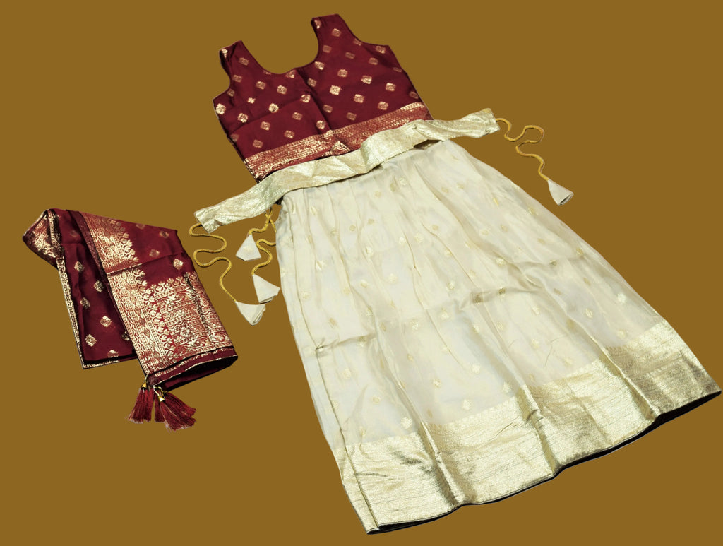 Traditional & Elegant Girls' Readymade Dhavani Set - Maroon & Off-White with Gold Brocade
