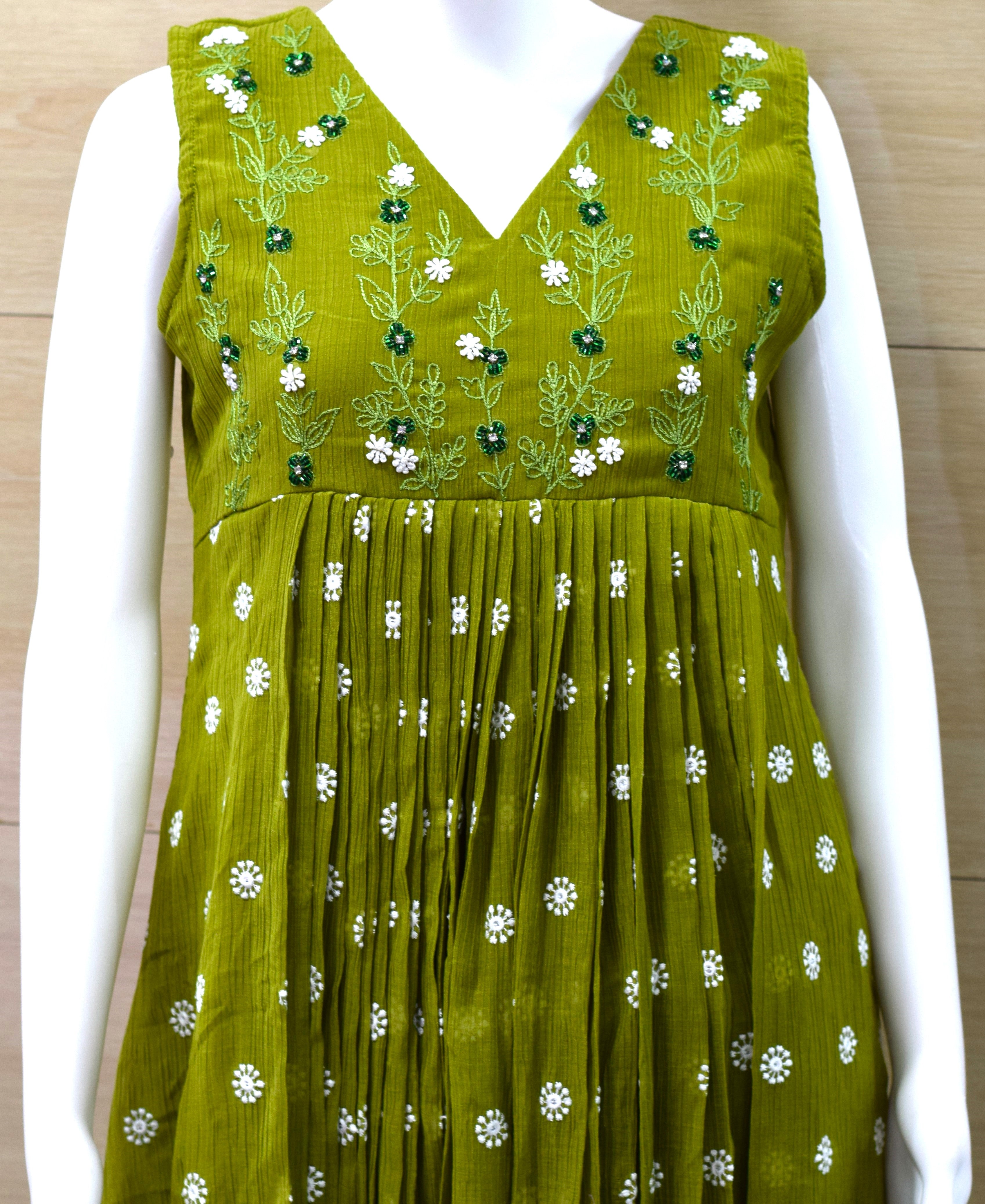 Women's  Green Chiffon Embroidered Churidar Top | Floral Embroidery | Sleeves Included | Top Only