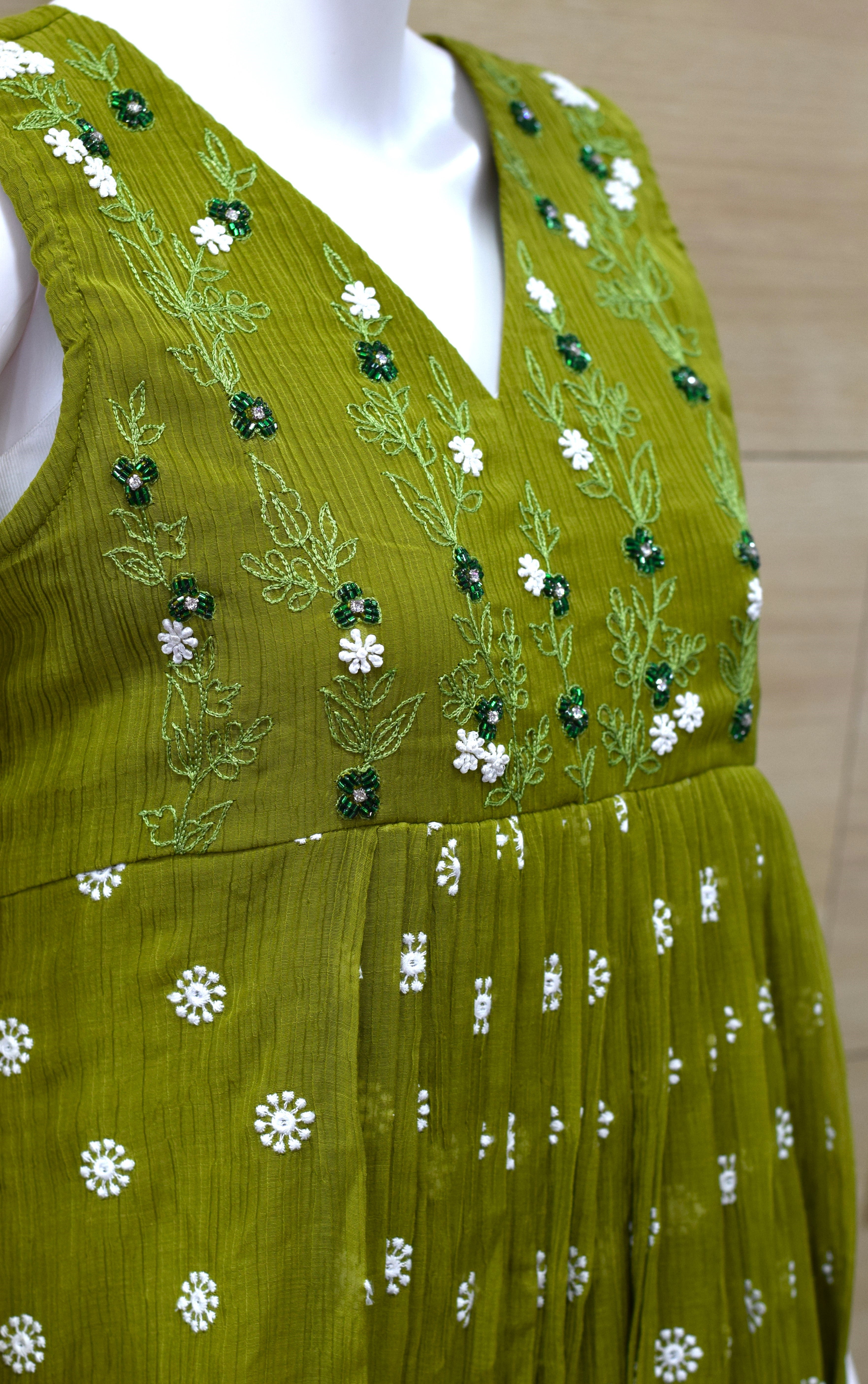 Women's  Green Chiffon Embroidered Churidar Top | Floral Embroidery | Sleeves Included | Top Only