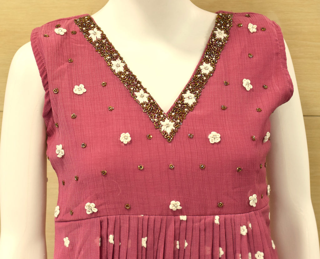 Women's Mull Chiffon Embroidered Churidar Top Only with V-Neck | Sleeves Material Included | Rose Pink