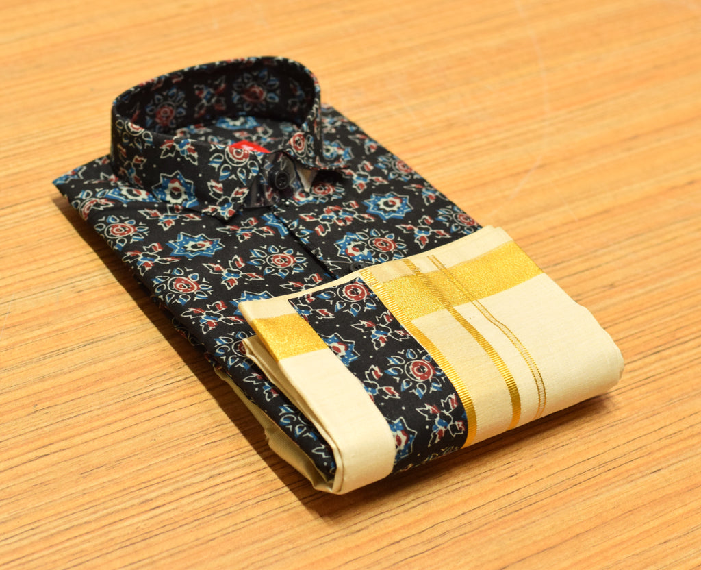 Kids Onam Printed Shirt & Traditional Kasavu Dhoti Combo Set | Festive Ethnic Wear for Boys