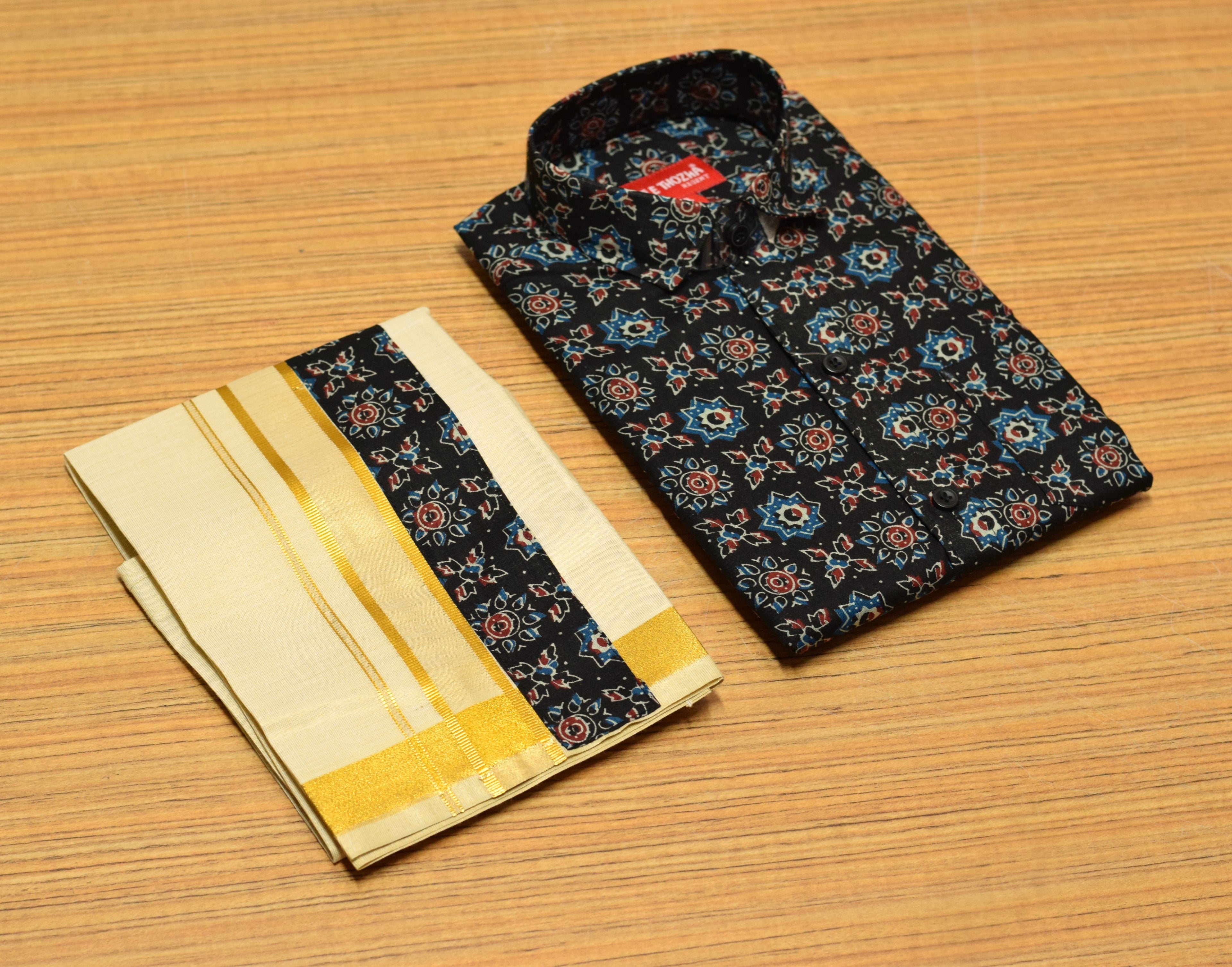 Kids Onam Printed Shirt & Traditional Kasavu Dhoti Combo Set | Festive Ethnic Wear for Boys