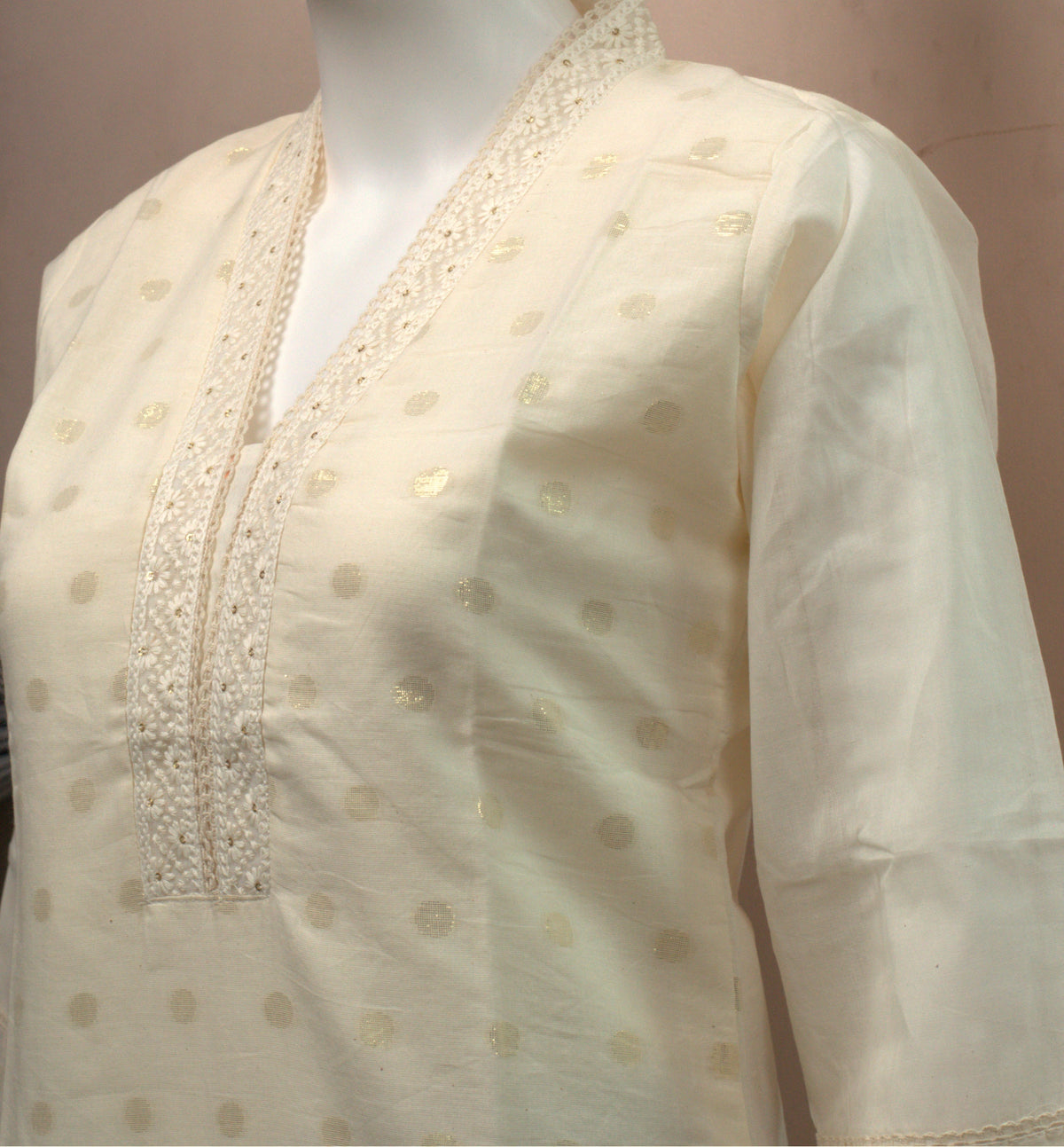 Women's Off-White Embroidered Cotton Blend Kurti Top with Gold Butta Print | 3/4 Sleeves | Straight Fit
