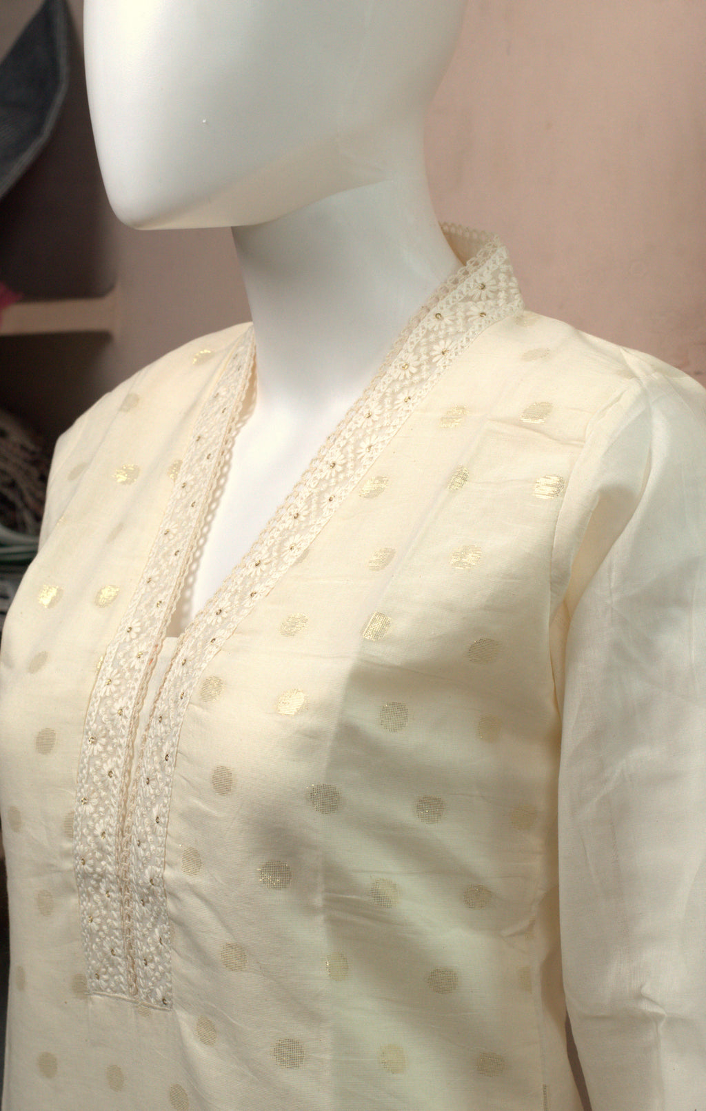 Women's Off-White Embroidered Cotton Blend Kurti Top with Gold Butta Print | 3/4 Sleeves | Straight Fit
