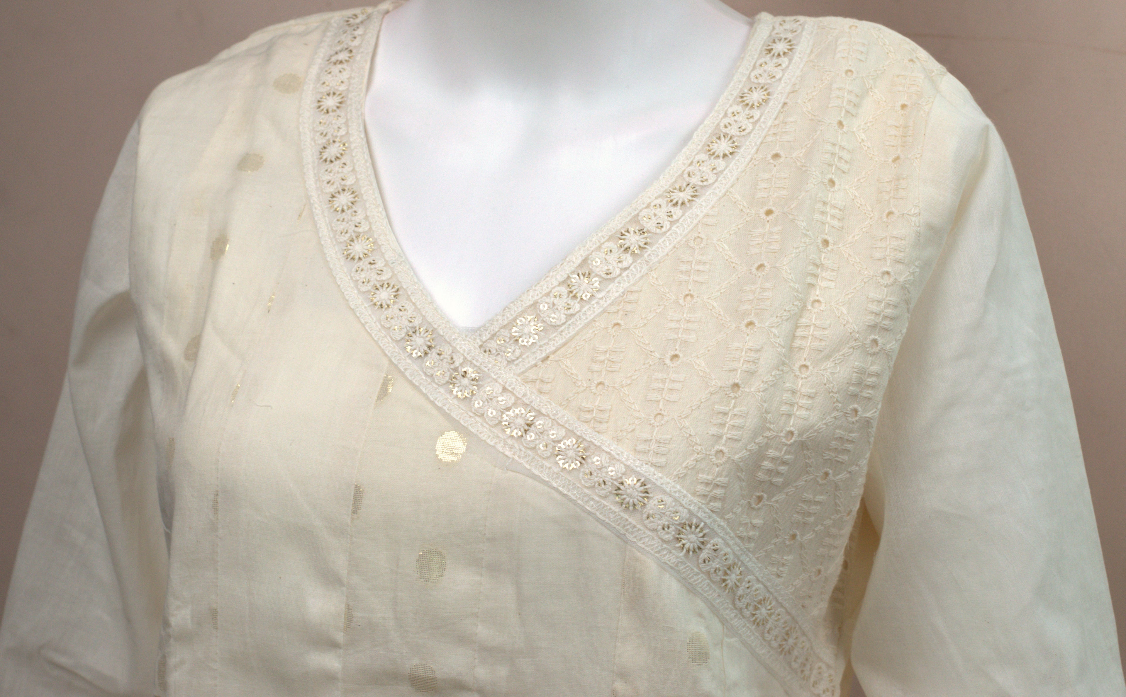 Women's Off-White Embroidered Cotton Blend Kurti | Elegant V-Neck Straight Fit Ethnic Top with 3/4 Sleeves