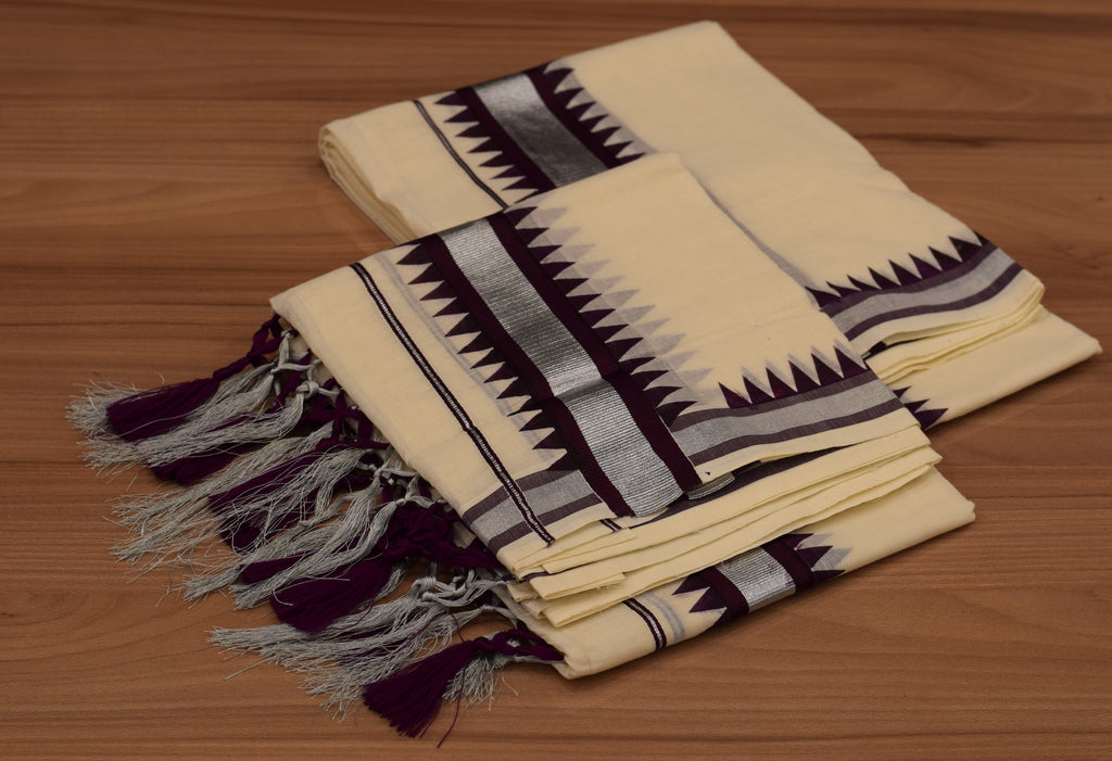 Kerala Kodi Colour Women's Set Mundu 2.80 Meter – Off White with Silver Zari & Purple Border | Traditional Kasavu Set