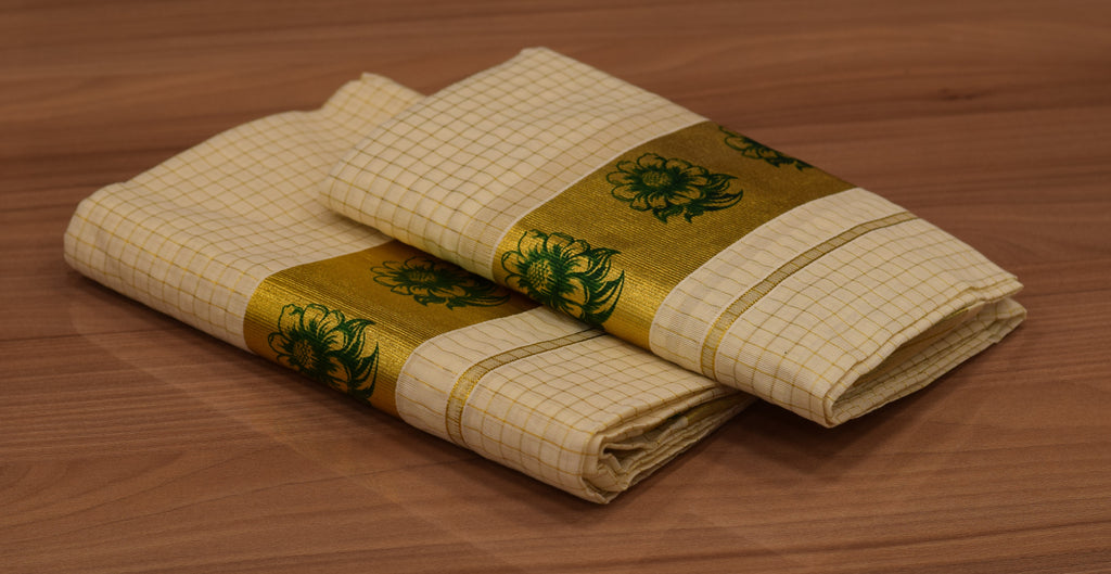 Kerala Kodi Colour Women's Set Mundu 2.80 Meter – Off White with Golden Kasavu & Green Floral Border | Traditional Kerala Ethnic Wear