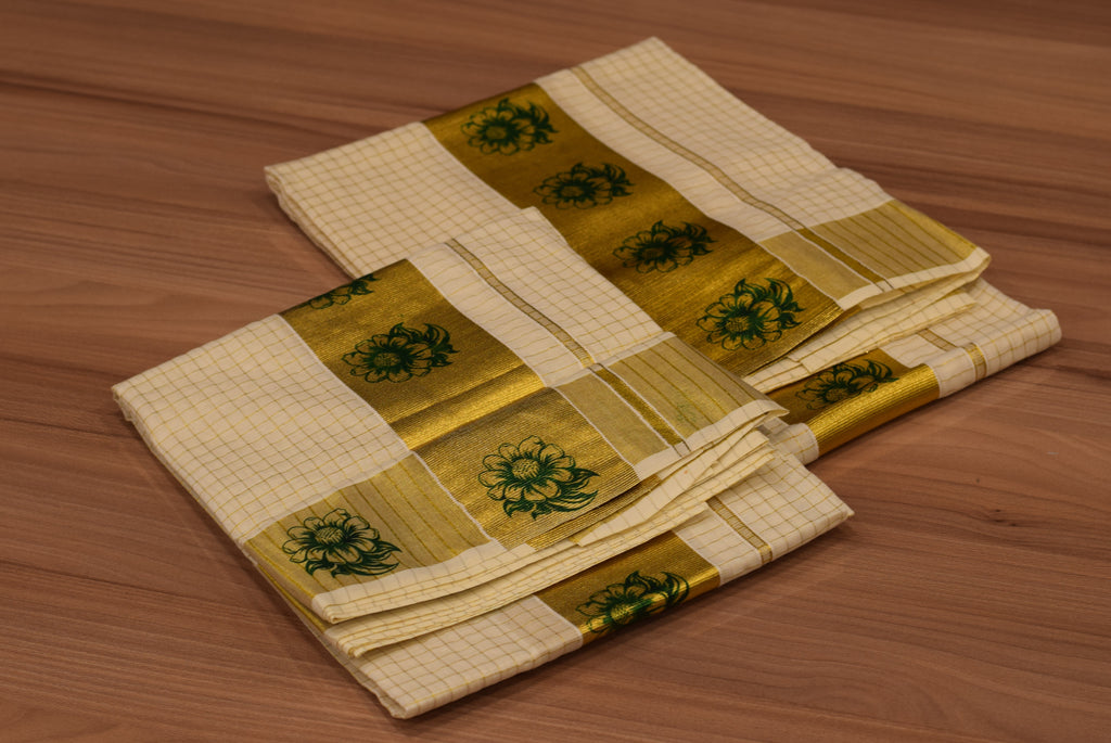 Kerala Kodi Colour Women's Set Mundu 2.80 Meter – Off White with Golden Kasavu & Green Floral Border | Traditional Kerala Ethnic Wear