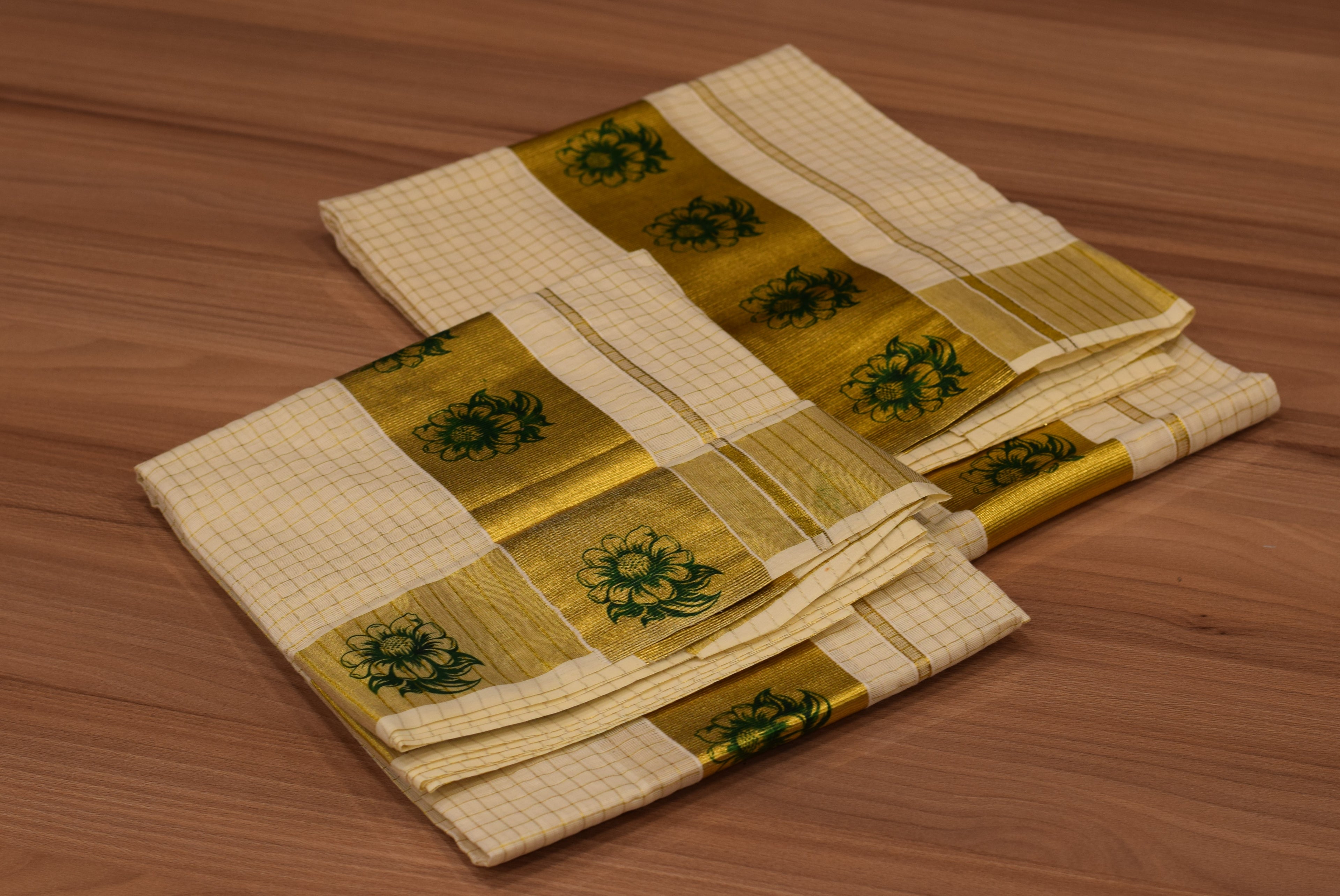 Kerala Kodi Colour Women's Set Mundu 2.80 Meter – Off White with Golden Kasavu & Green Floral Border | Traditional Kerala Ethnic Wear