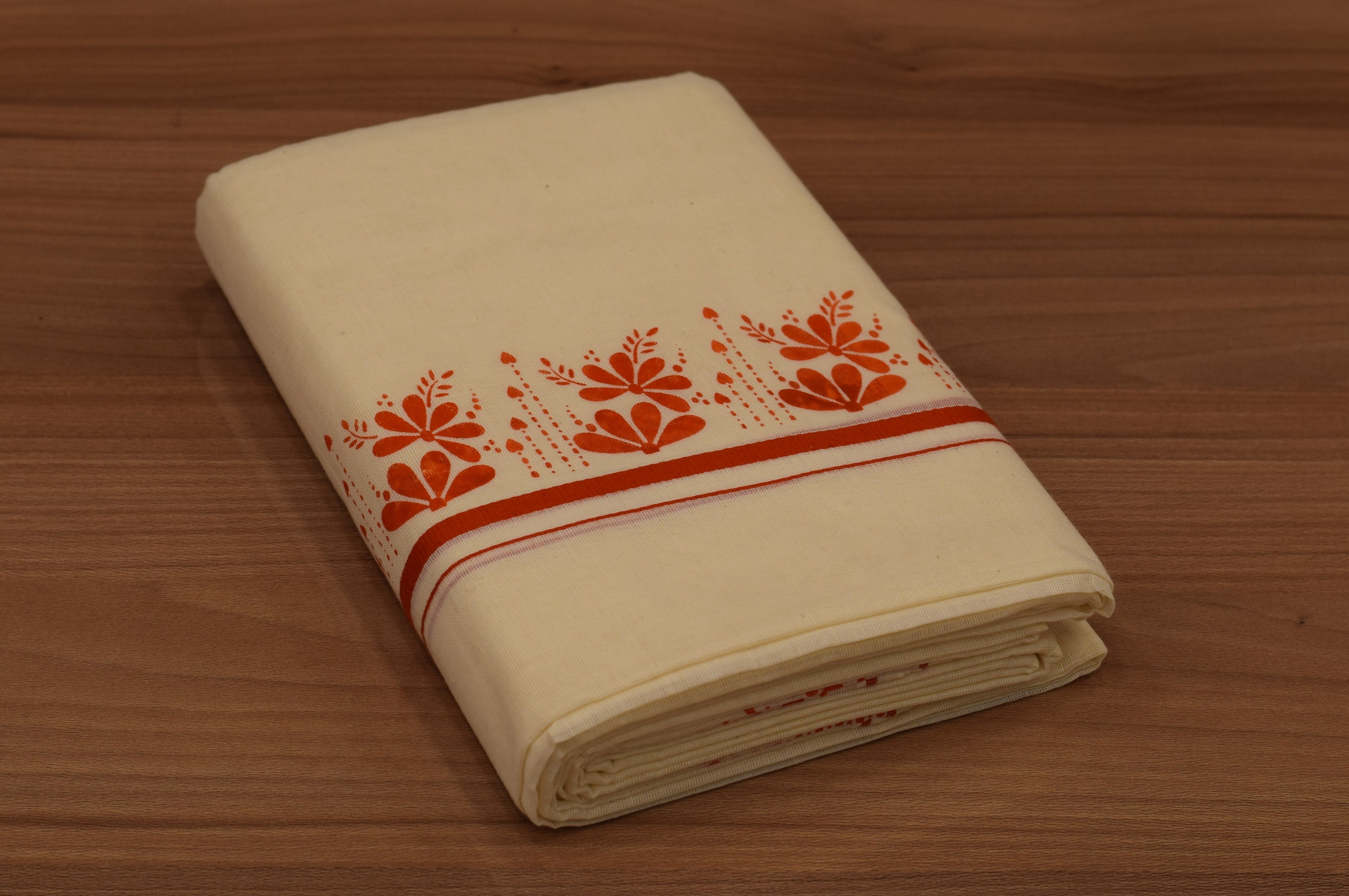 Kerala Kodi Colour Women's Set Mundu 2.80 Meter – Off White with Orange Floral Border | Traditional Kerala Ethnic Wear