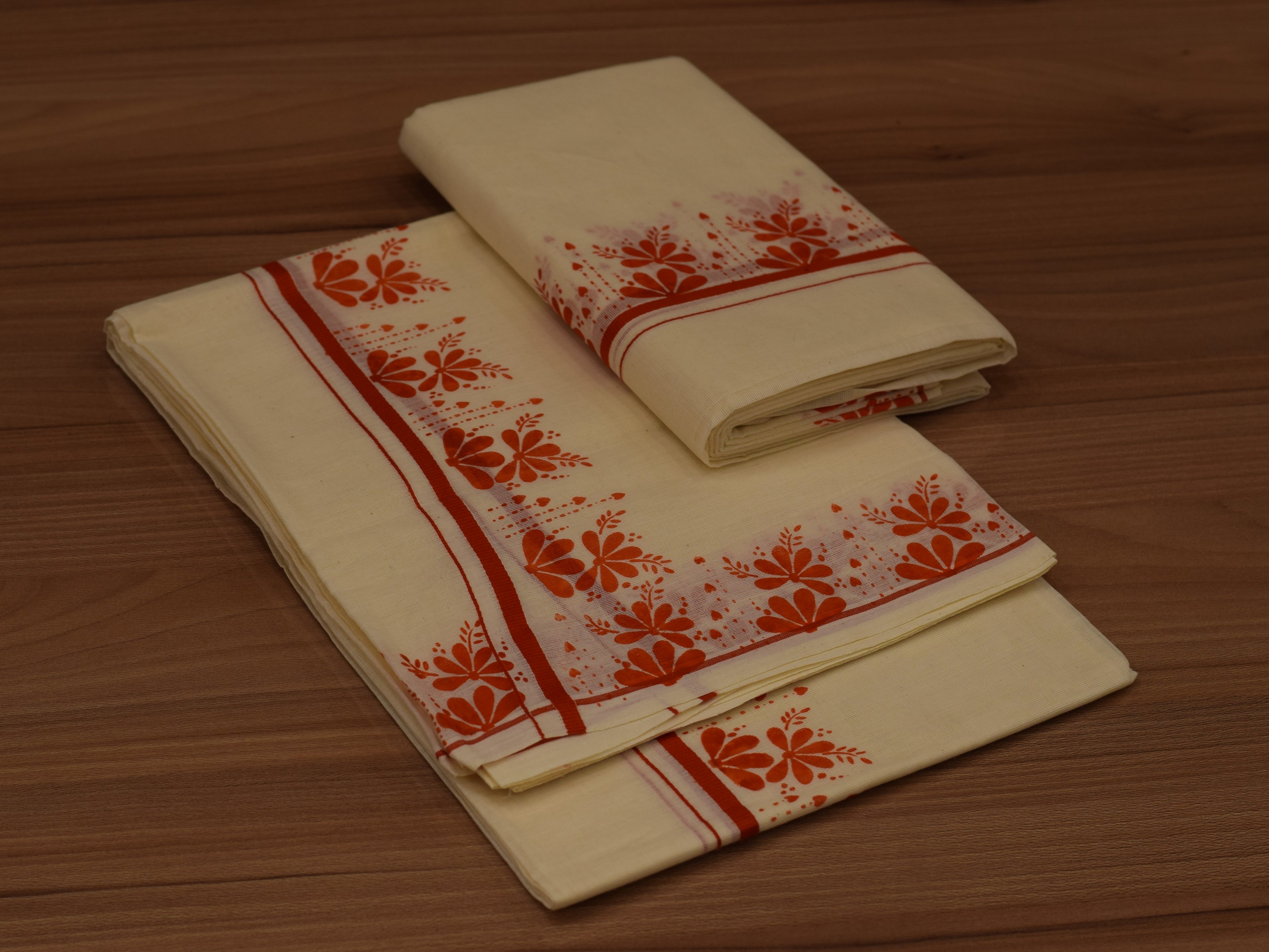 Kerala Kodi Colour Women's Set Mundu 2.80 Meter – Off White with Orange Floral Border | Traditional Kerala Ethnic Wear