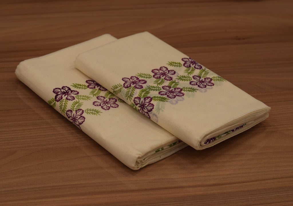 Kerala Kodi Colour Women's Set Mundu 2.80 Meter – Off White with Purple Floral Border | Traditional Kerala Ethnic Wear