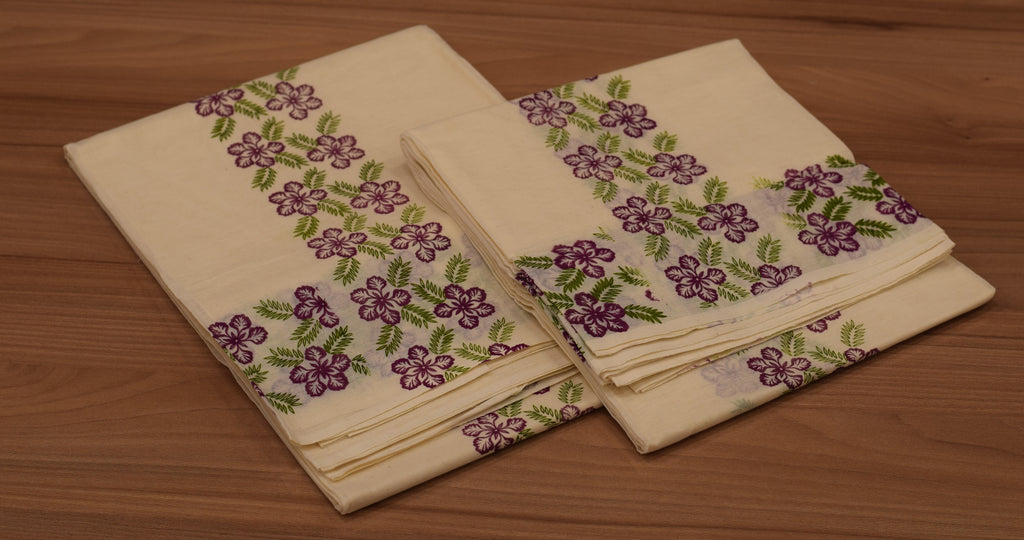 Kerala Kodi Colour Women's Set Mundu 2.80 Meter – Off White with Purple Floral Border | Traditional Kerala Ethnic Wear