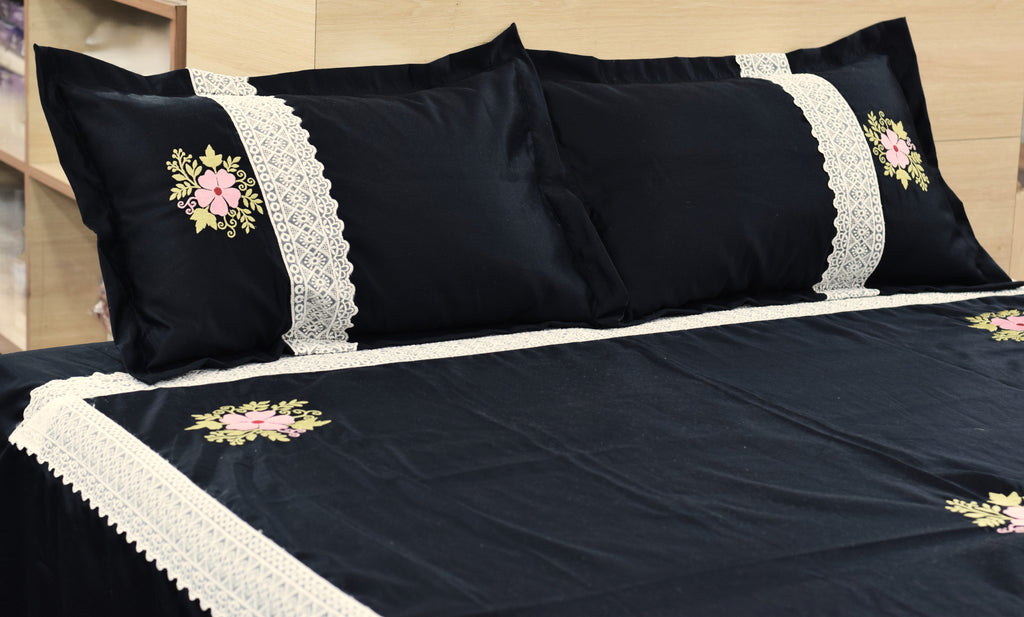 Black Cotton (satin finishing) King Size Bedspread with Floral Embroidery & Lace Border