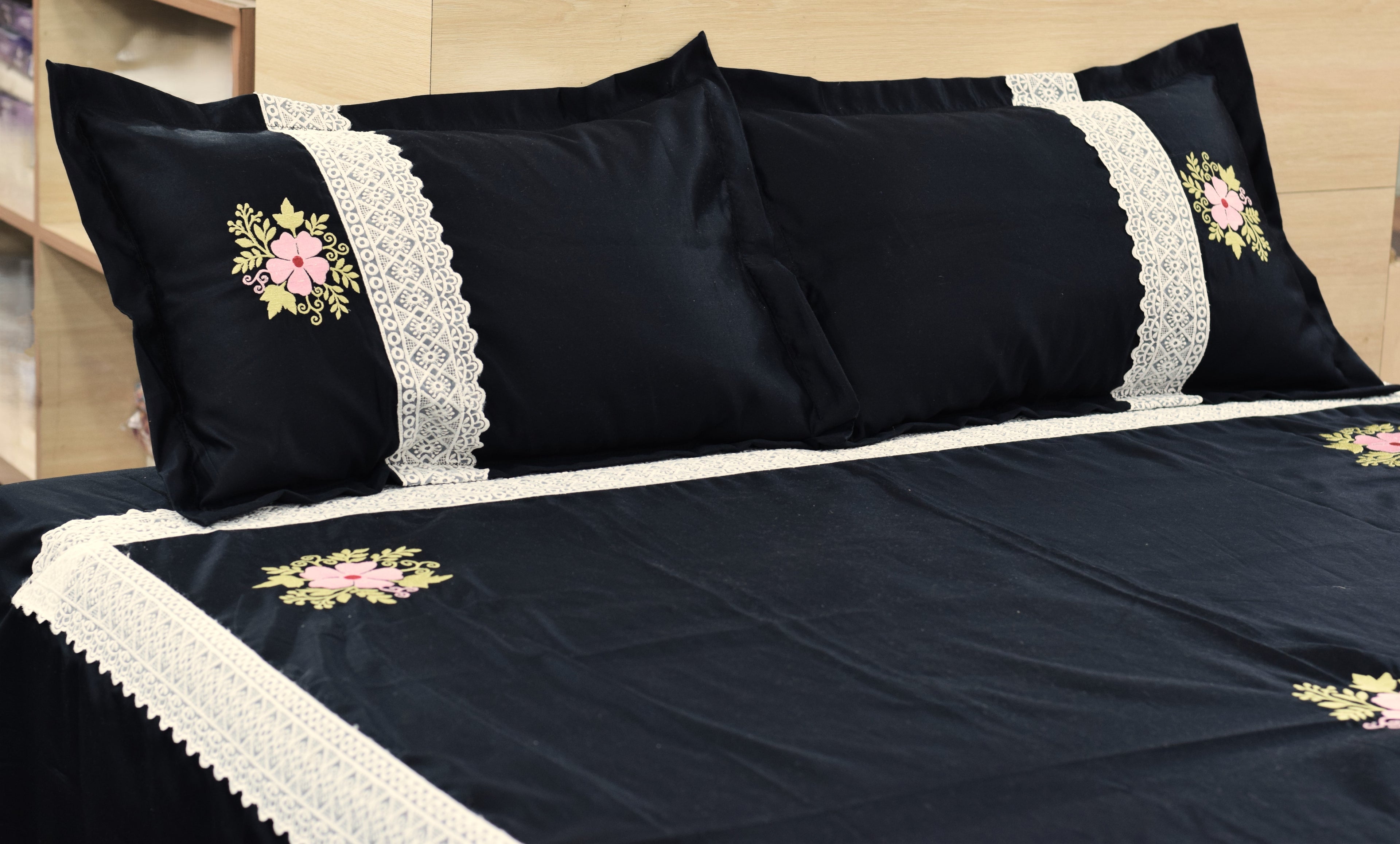 Black Cotton (satin finishing) King Size Bedspread with Floral Embroidery & Lace Border