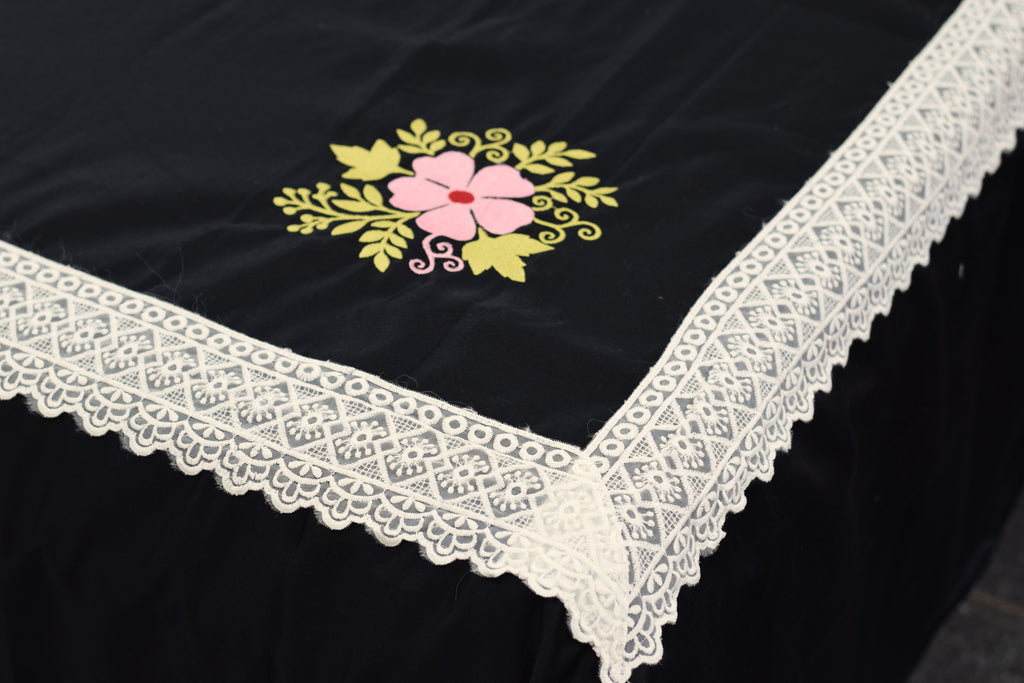 Black Cotton (satin finishing) King Size Bedspread with Floral Embroidery & Lace Border