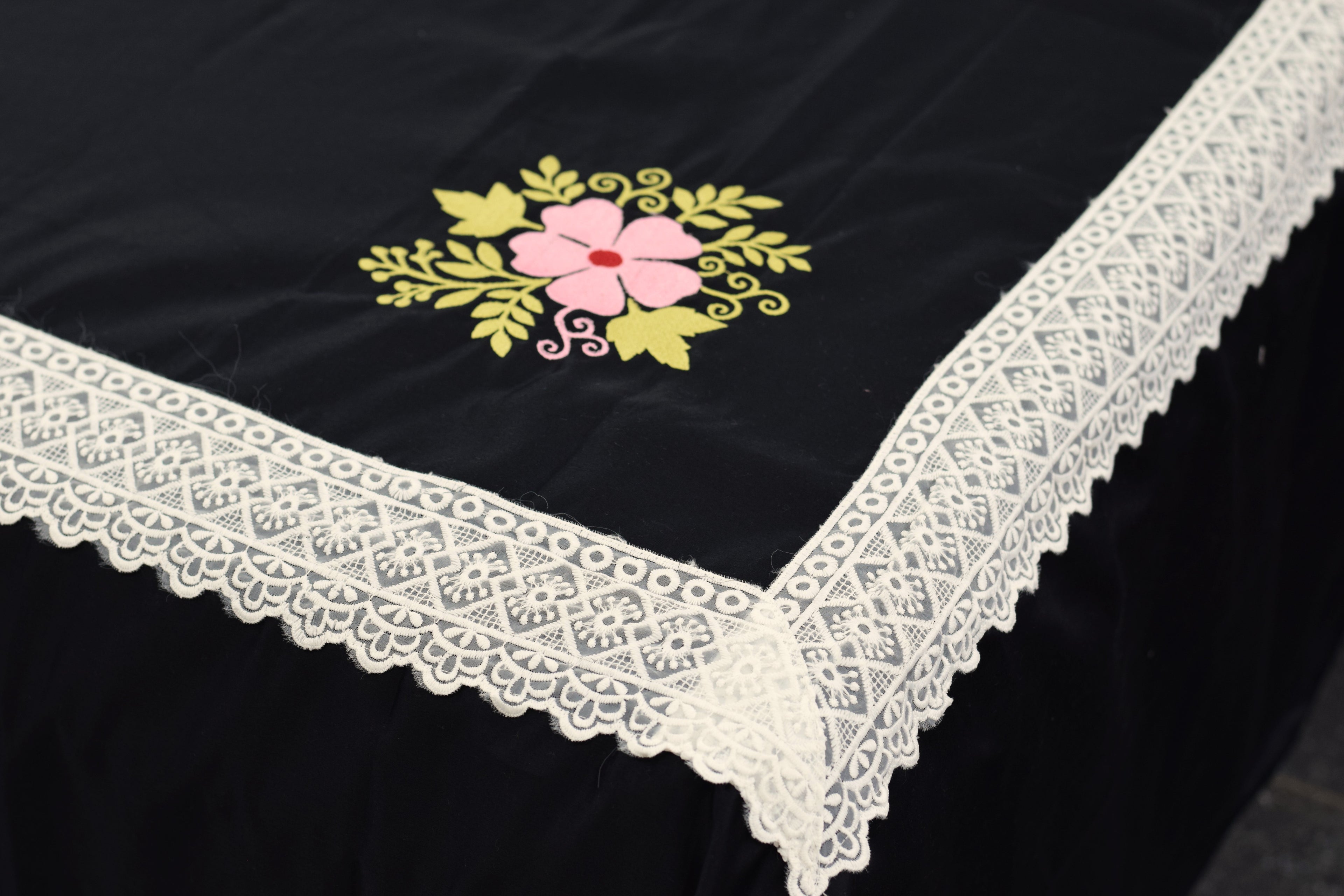 Black Cotton (satin finishing) King Size Bedspread with Floral Embroidery & Lace Border
