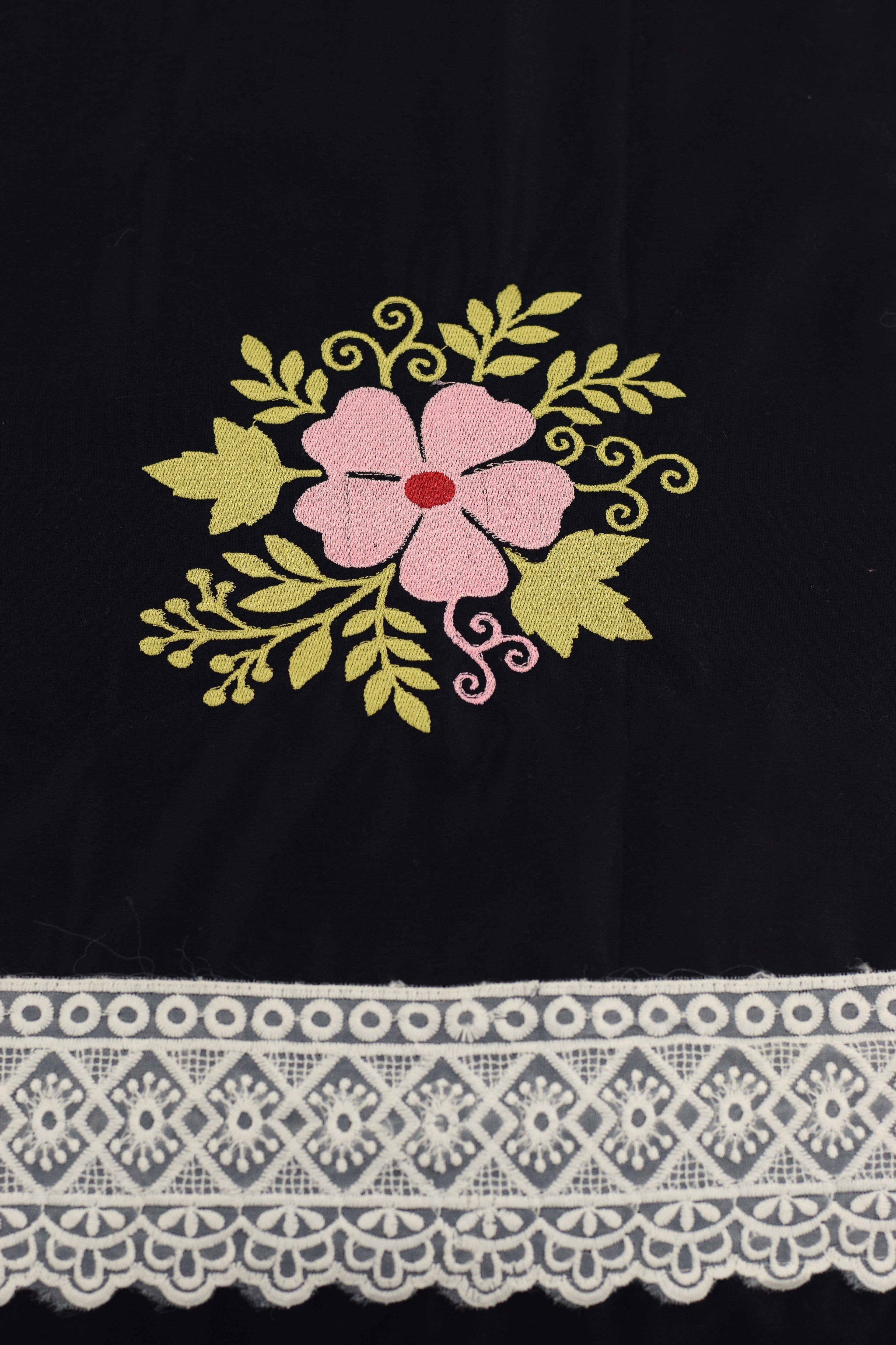 Black Cotton (satin finishing) King Size Bedspread with Floral Embroidery & Lace Border