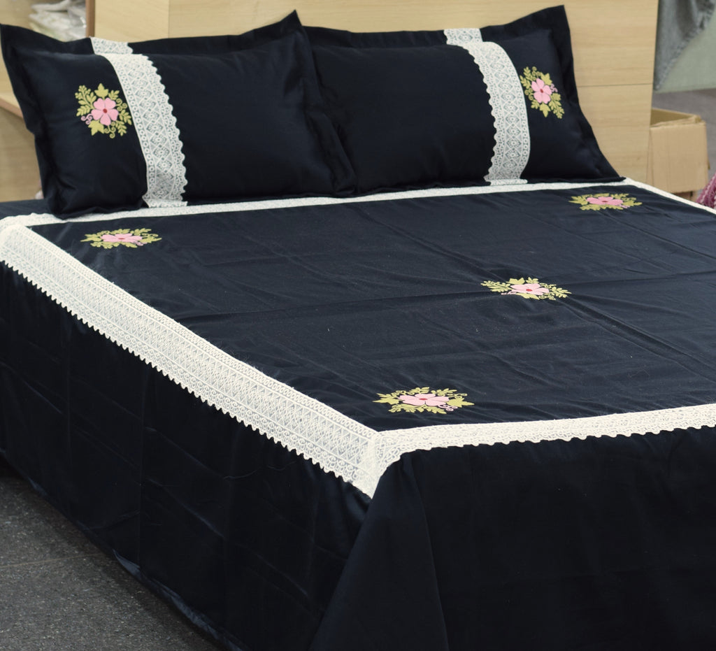 Black Cotton (satin finishing) King Size Bedspread with Floral Embroidery & Lace Border