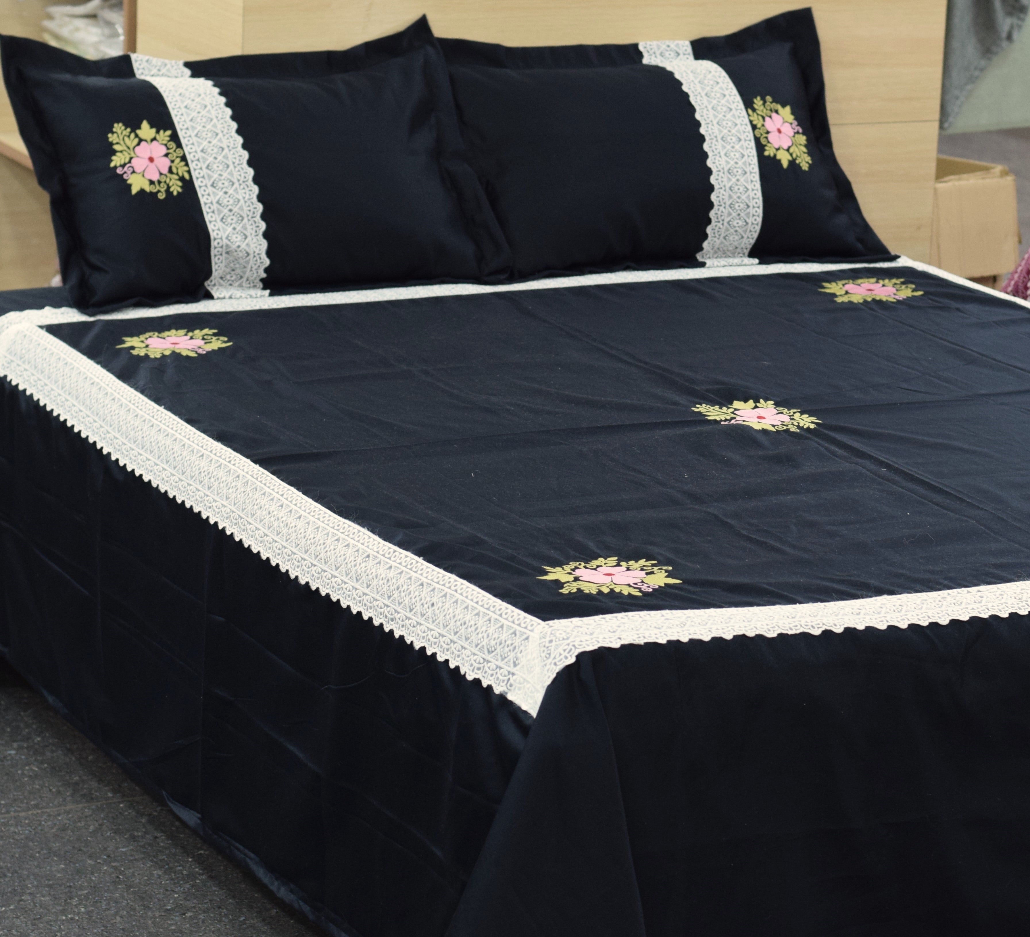 Black Cotton (satin finishing) King Size Bedspread with Floral Embroidery & Lace Border