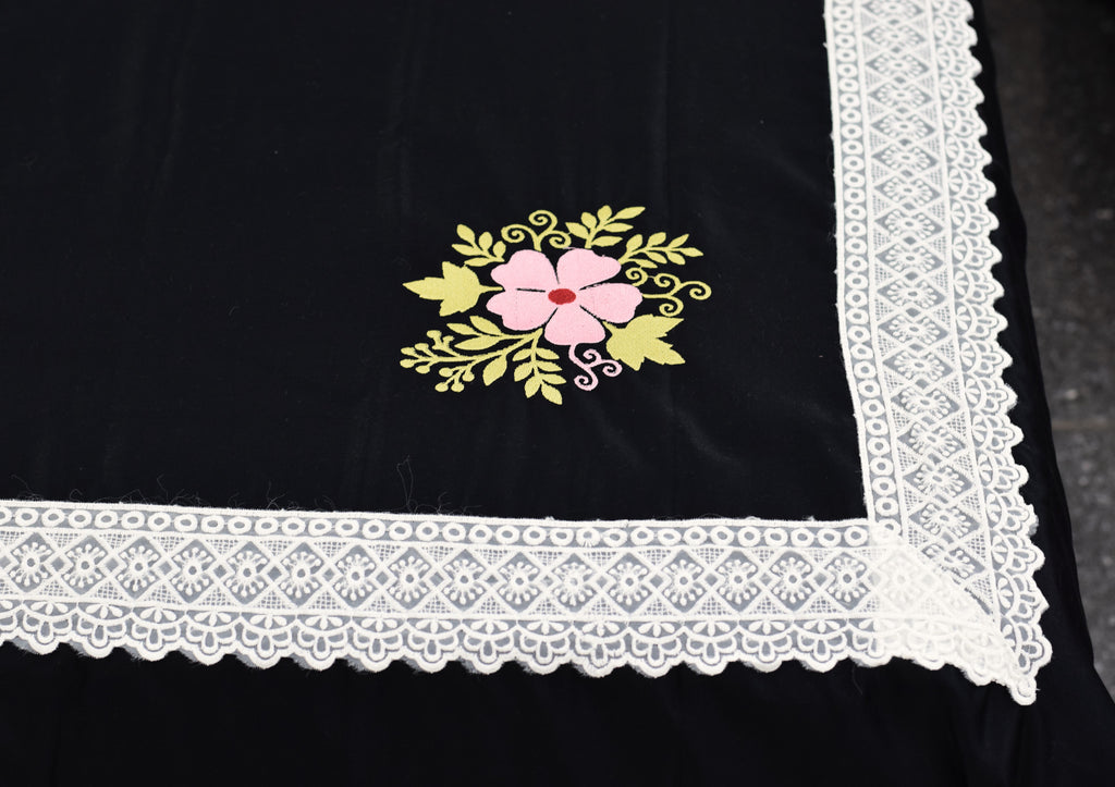 Black Cotton (satin finishing) King Size Bedspread with Floral Embroidery & Lace Border