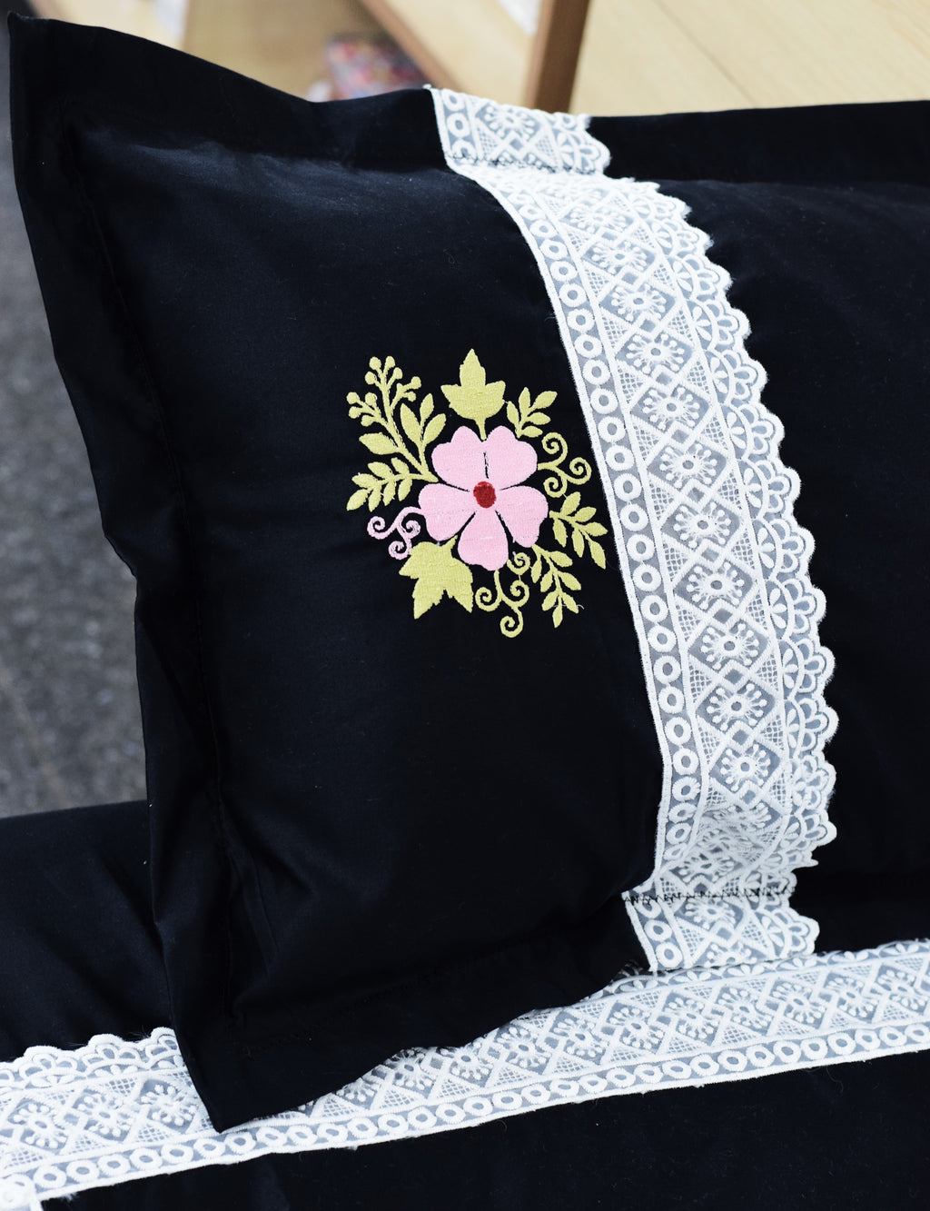 Black Cotton (satin finishing) King Size Bedspread with Floral Embroidery & Lace Border