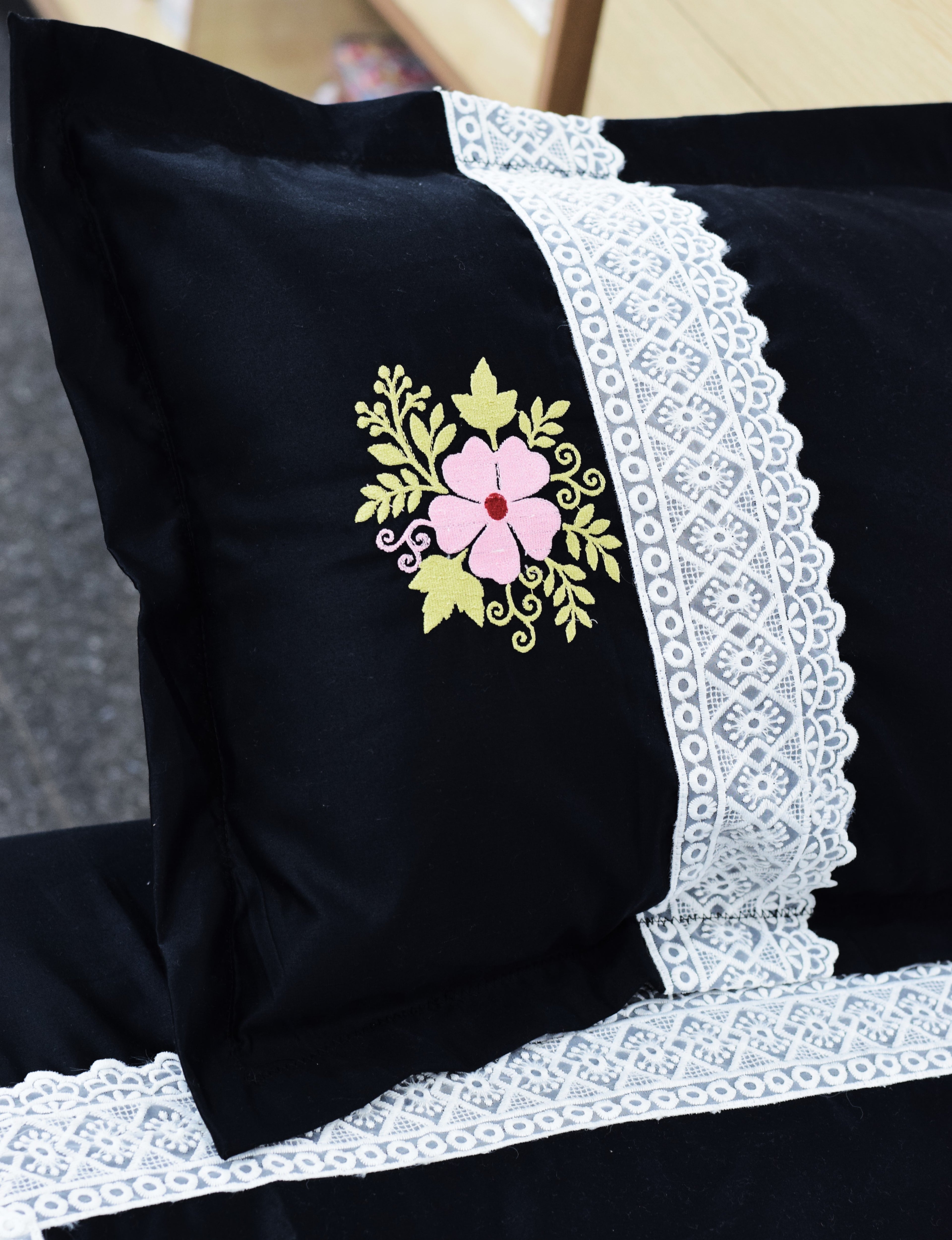 Black Cotton (satin finishing) King Size Bedspread with Floral Embroidery & Lace Border