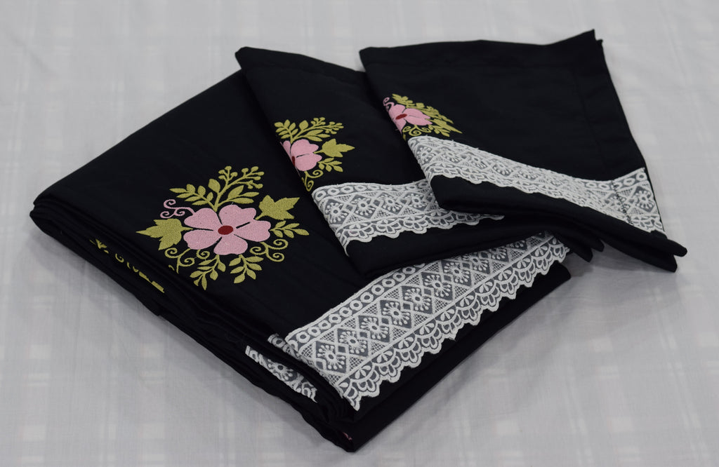 Black Cotton (satin finishing) King Size Bedspread with Floral Embroidery & Lace Border