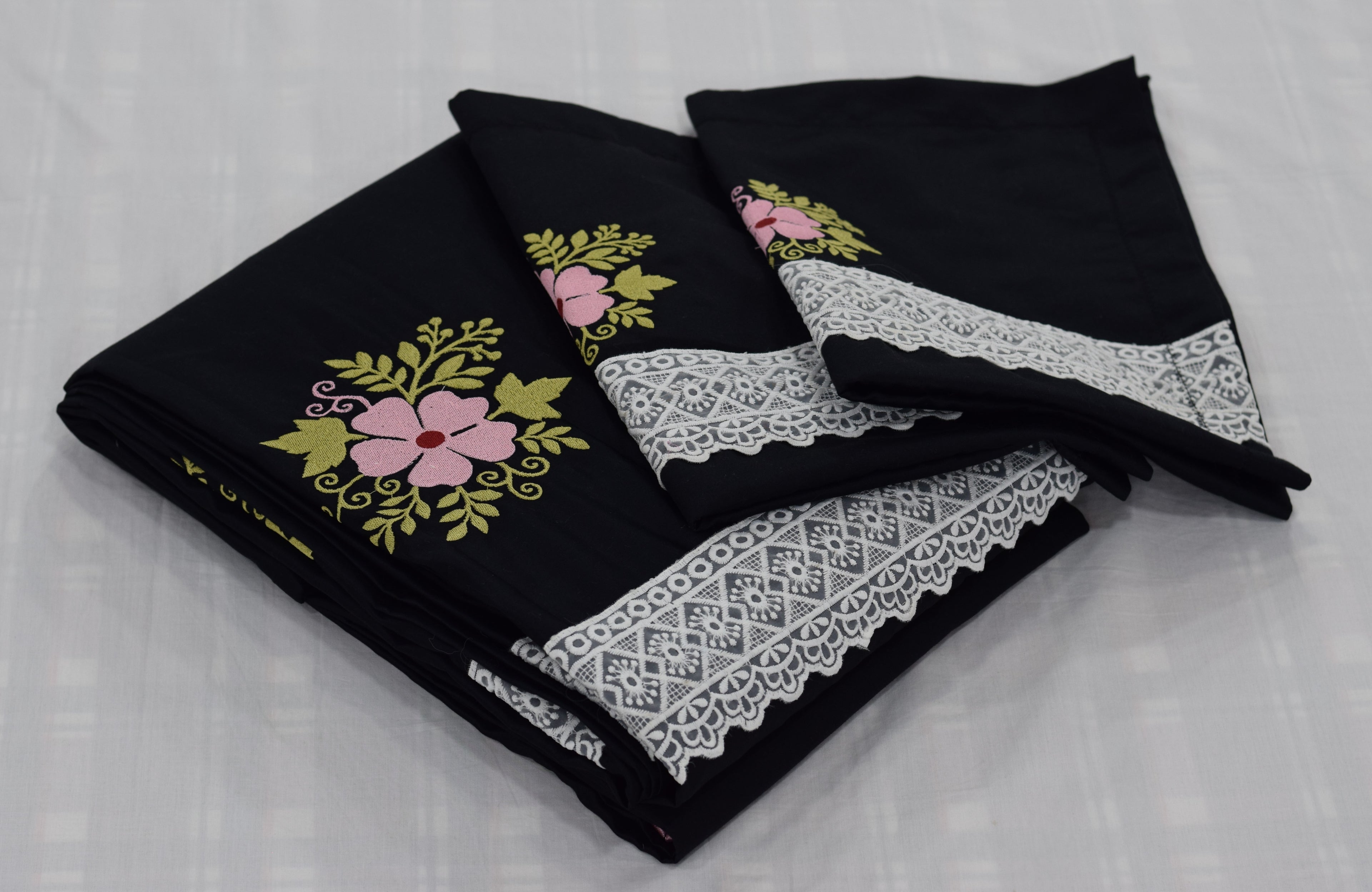 Black Cotton (satin finishing) King Size Bedspread with Floral Embroidery & Lace Border