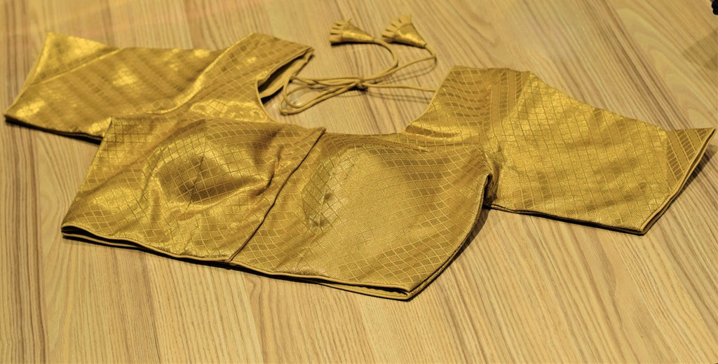 Golden Checkered Brocade Padded Front-Open Readymade Saree Blouse with Dori Tie-Up