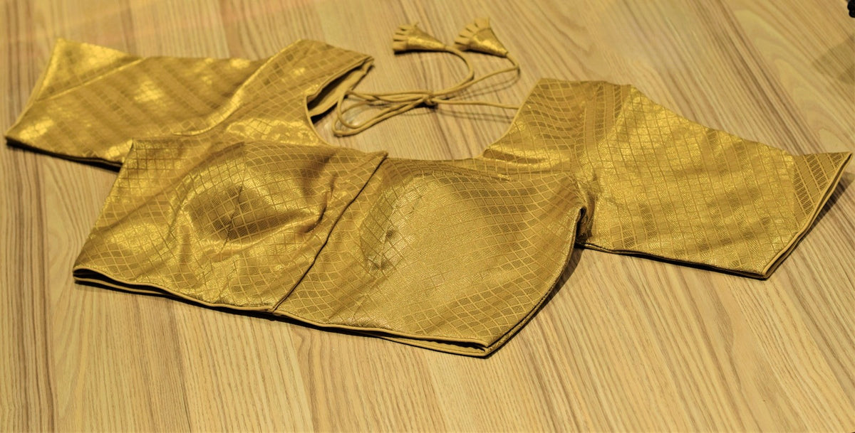 Golden Checkered Brocade Padded Front-Open Readymade Saree Blouse with Dori Tie-Up