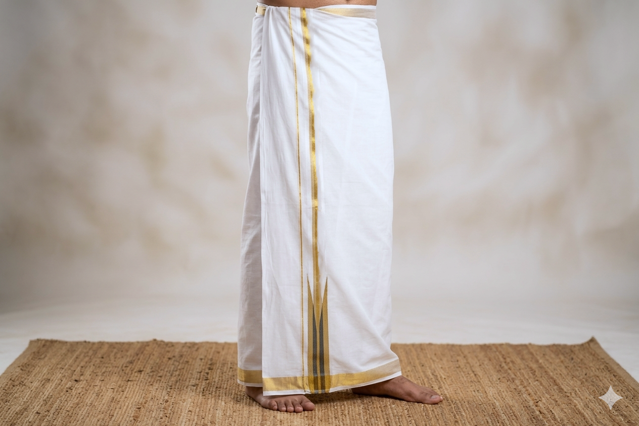 Premium Cotton Double Mundu with Golden Kasavu Border