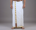 Premium Cotton Double Mundu with Golden Kasavu Border & Maroon Stripe