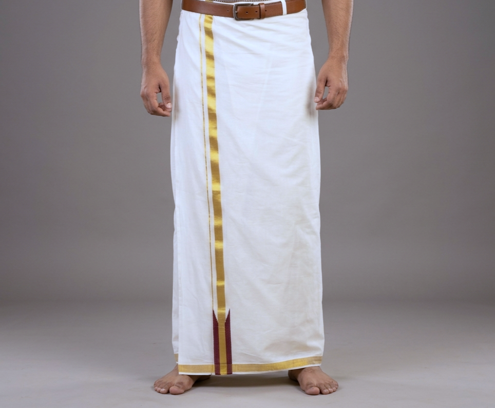 Premium Cotton Double Mundu with Golden Kasavu Border & Maroon Stripe
