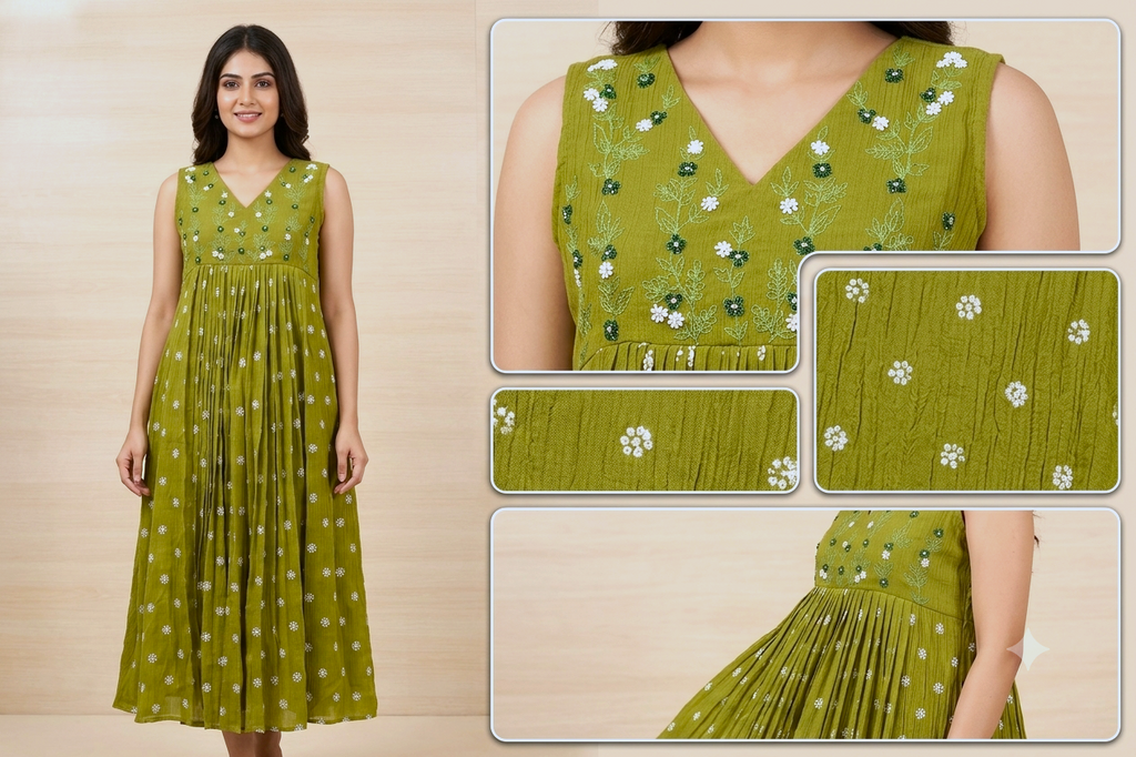 Women's  Green Chiffon Embroidered Churidar Top | Floral Embroidery | Sleeves Included | Top Only