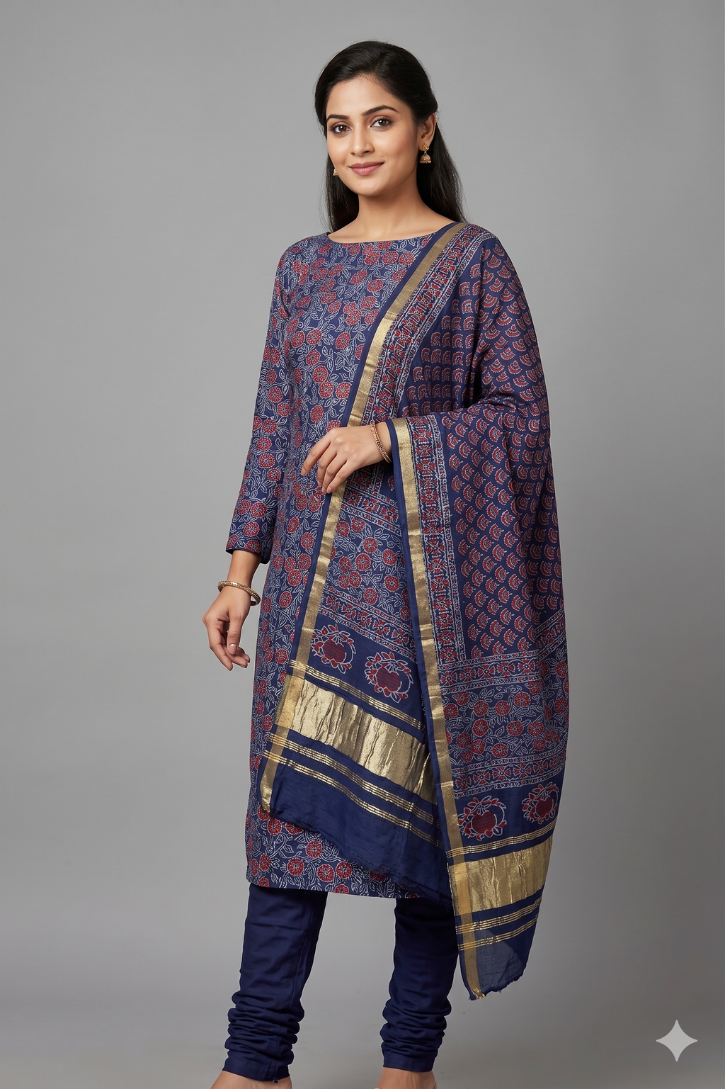 Midnight Blue Floral Modal Silk Churidar Material Set with Dupatta