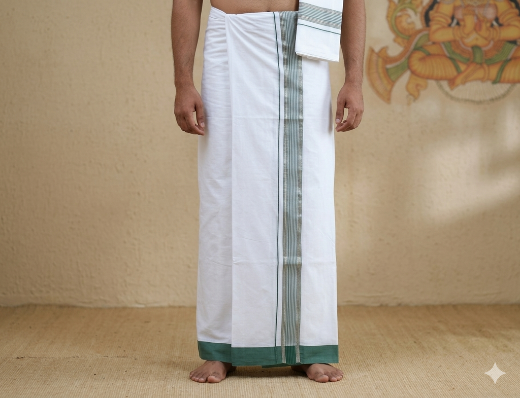 Premium Cotton Double Mundu with Green Kasavu Border – Traditional Kerala Wear
