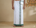 Premium Cotton Double Mundu with Green Kasavu Border – Traditional Kerala Wear