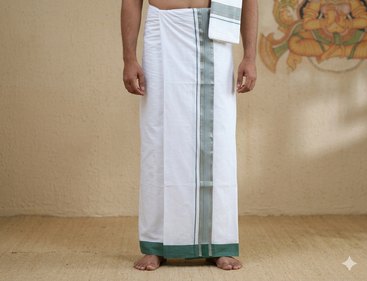 Premium Cotton Double Mundu with Green Kasavu Border – Traditional Kerala Wear