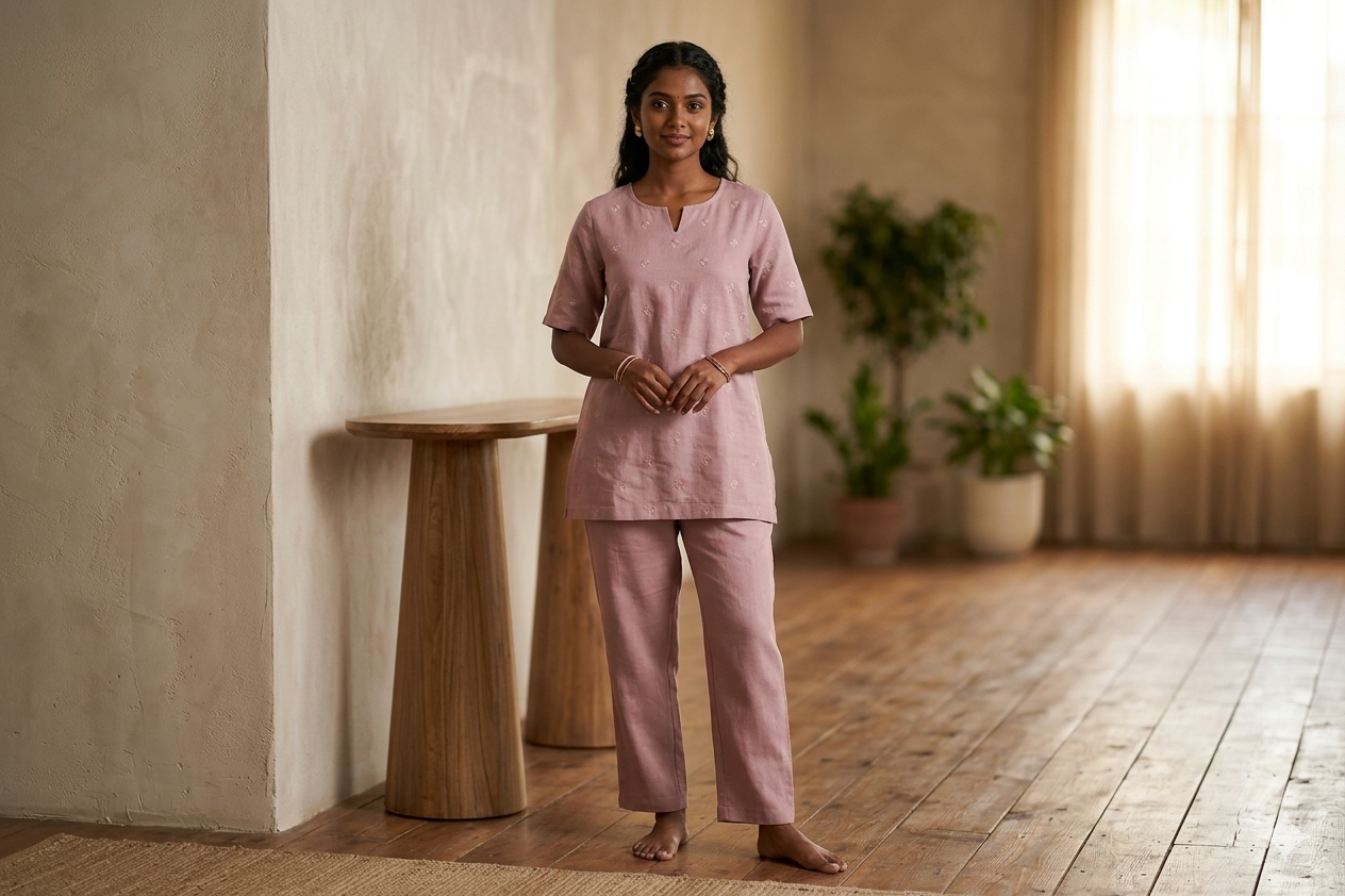Elegant Dusty Pink Semi Linen Dress Material Set – 44” Width Top &amp; Bottom