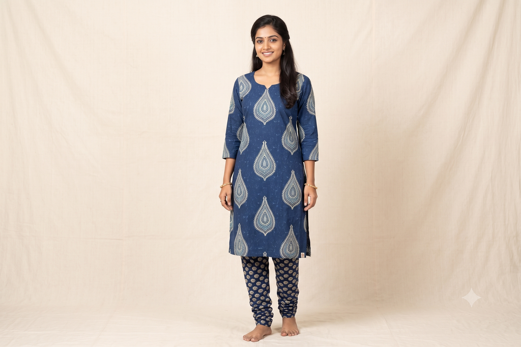 Soft Cotton Indigo Ethnic Dress Material Set – Top 2.5m & Bottom 2m | 44" Width