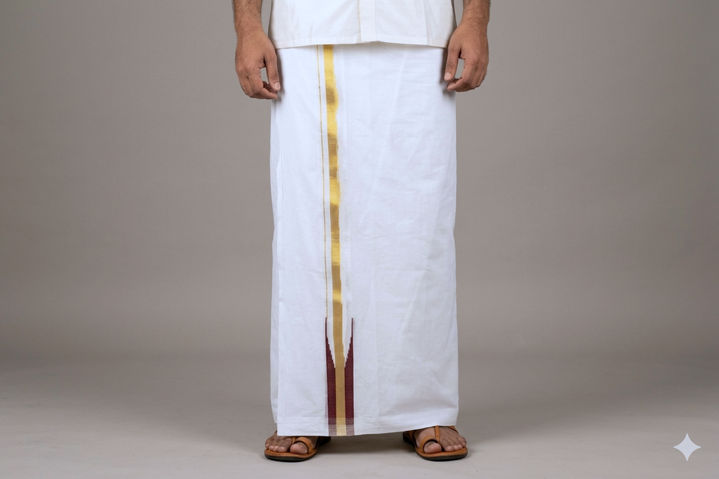 Premium White Cotton Double Mundu with Golden Kasavu & Maroon Border