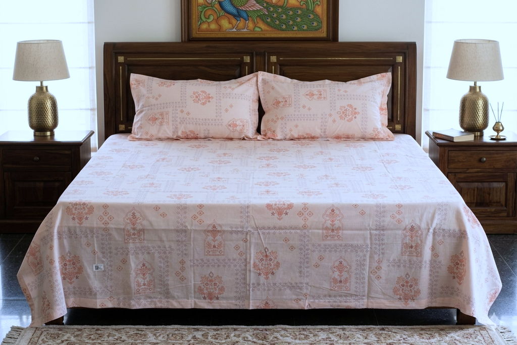 Elegant Blush Pink Floral Queen Size Bedsheet with 2 Pillow Covers – Soft Cotton Feel