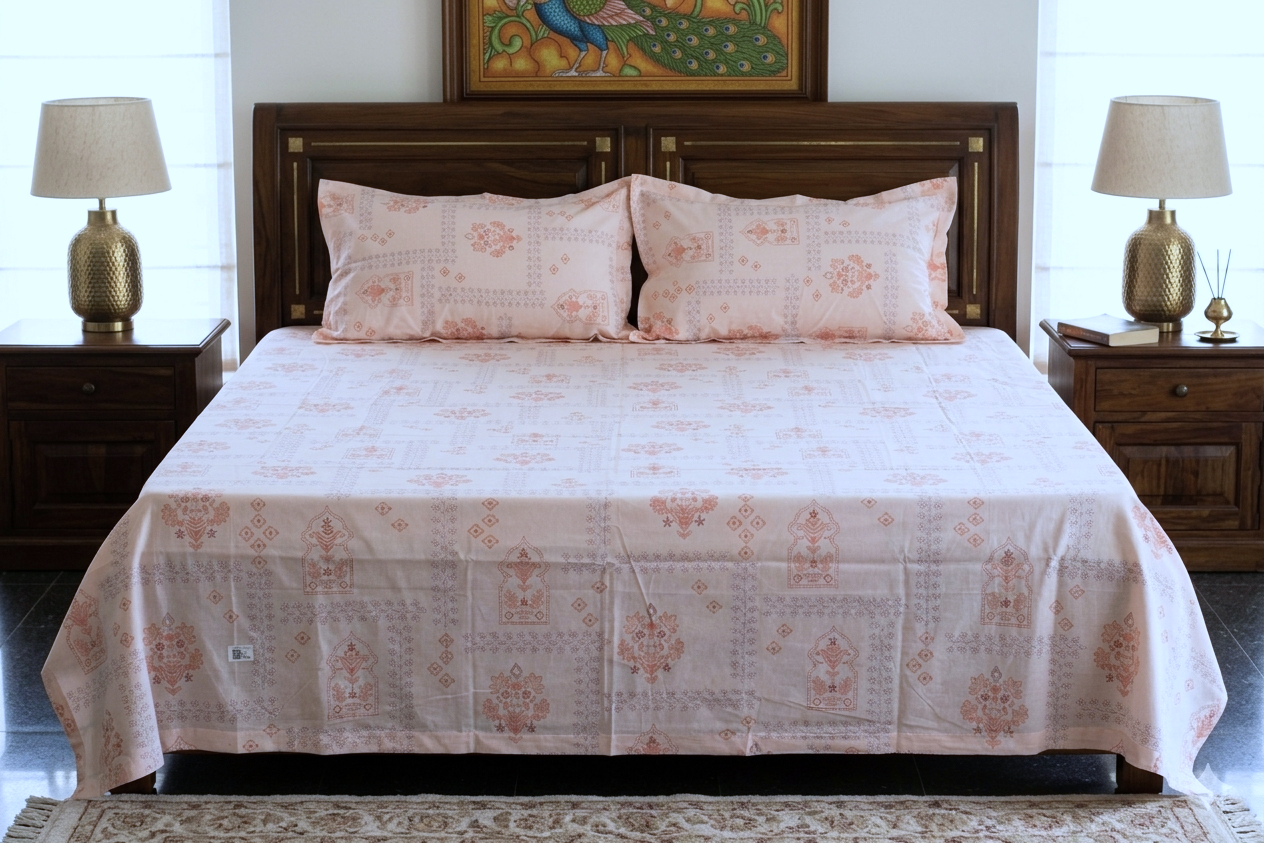 Elegant Blush Pink Floral Queen Size Bedsheet with 2 Pillow Covers – Soft Cotton Feel