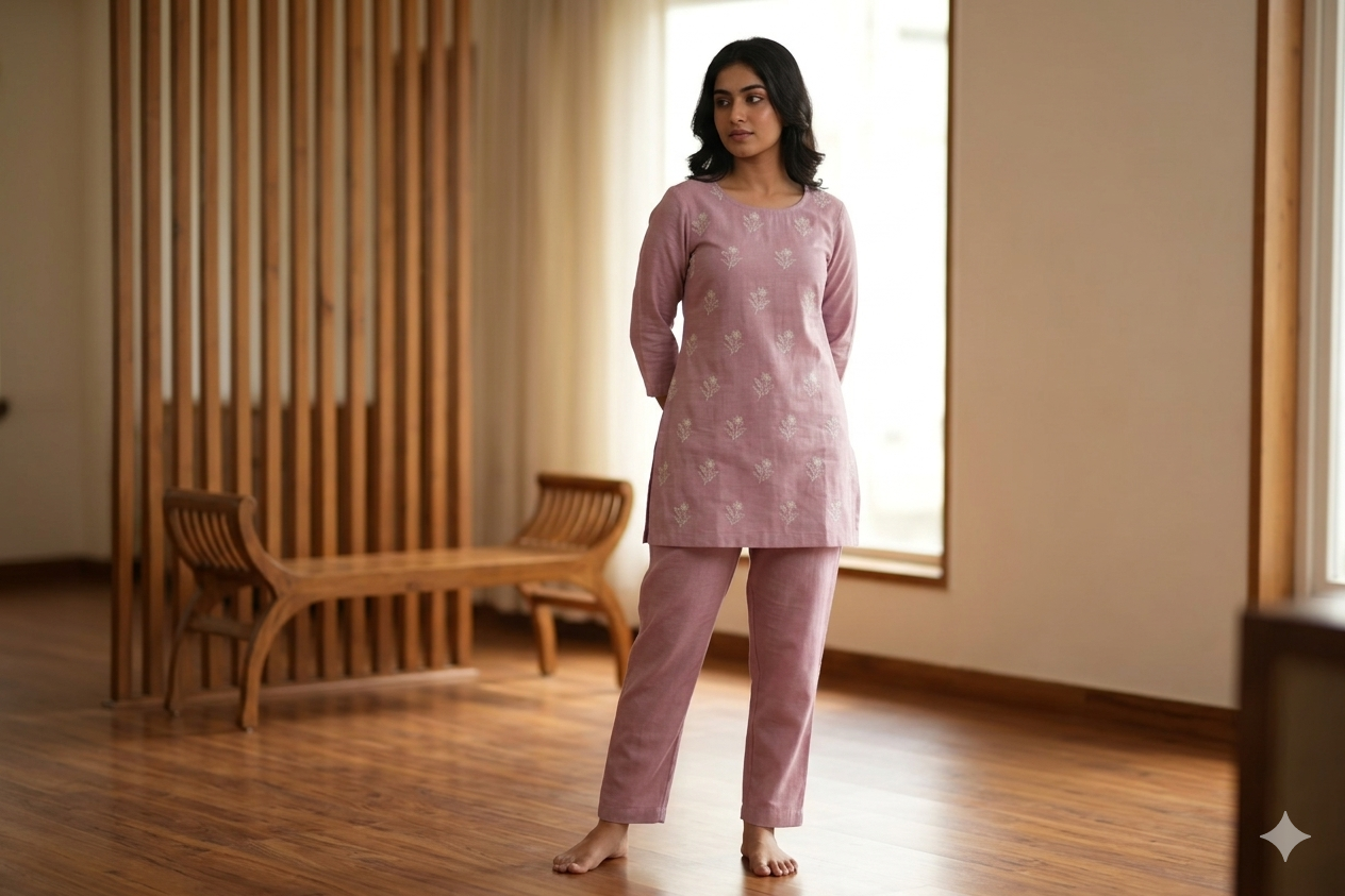 Elegant Dusty Rose Semi Linen Dress Material Set – 44" Width | Soft Floral Print Top & Bottom